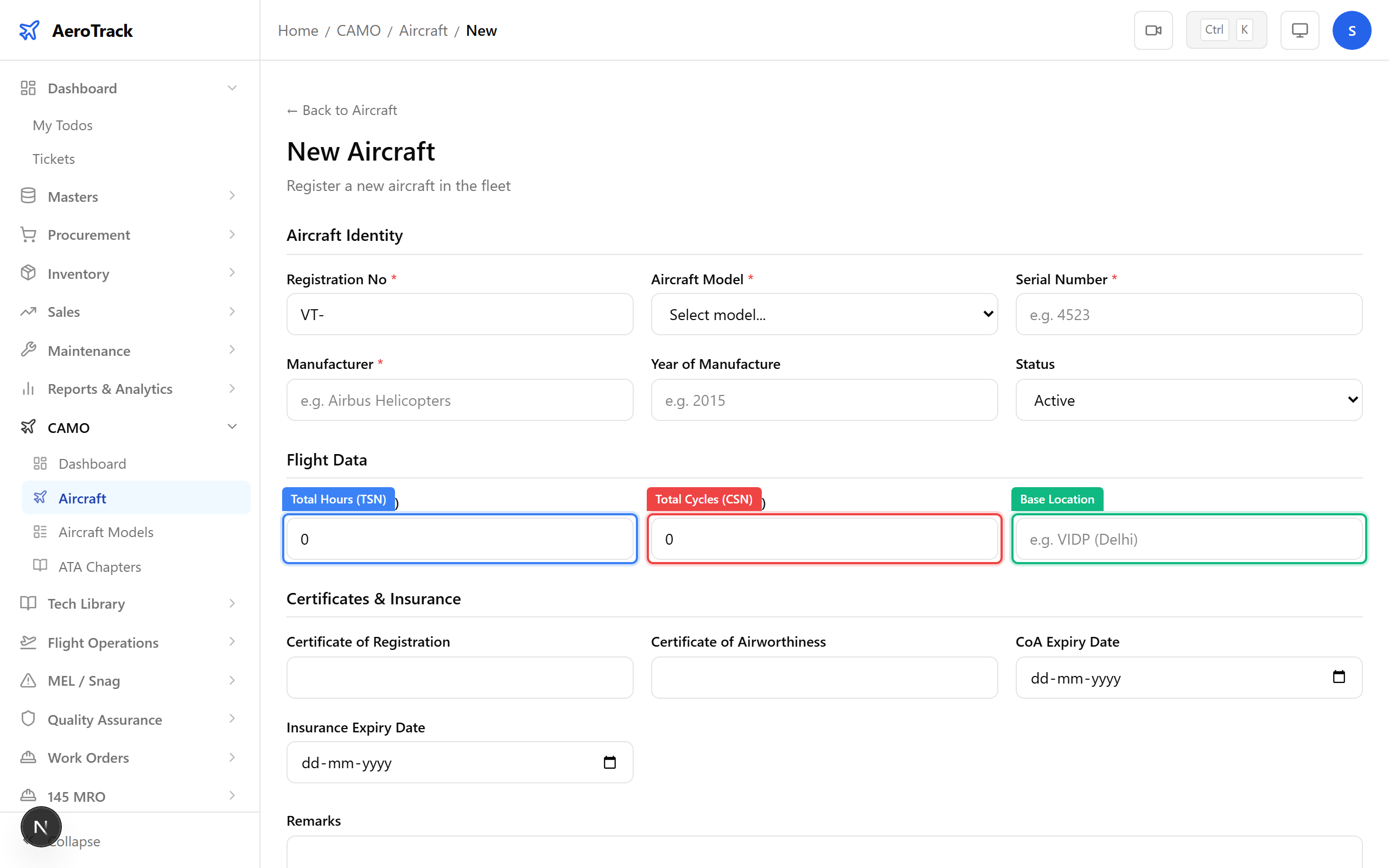 Flight Data section: Total Hours, Total Cycles, Base Location, Create Aircraft button