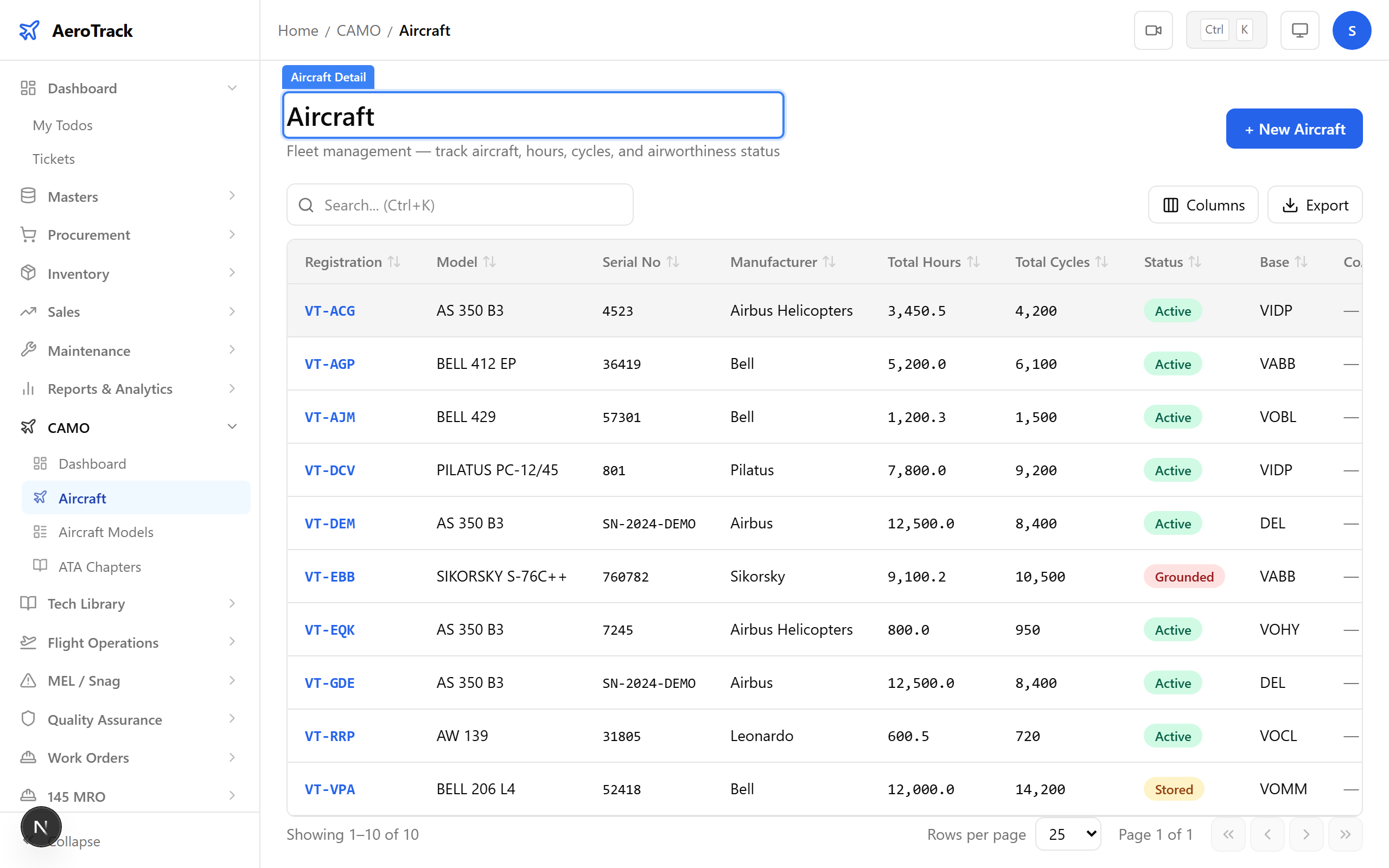Aircraft detail page showing registration, model, and status