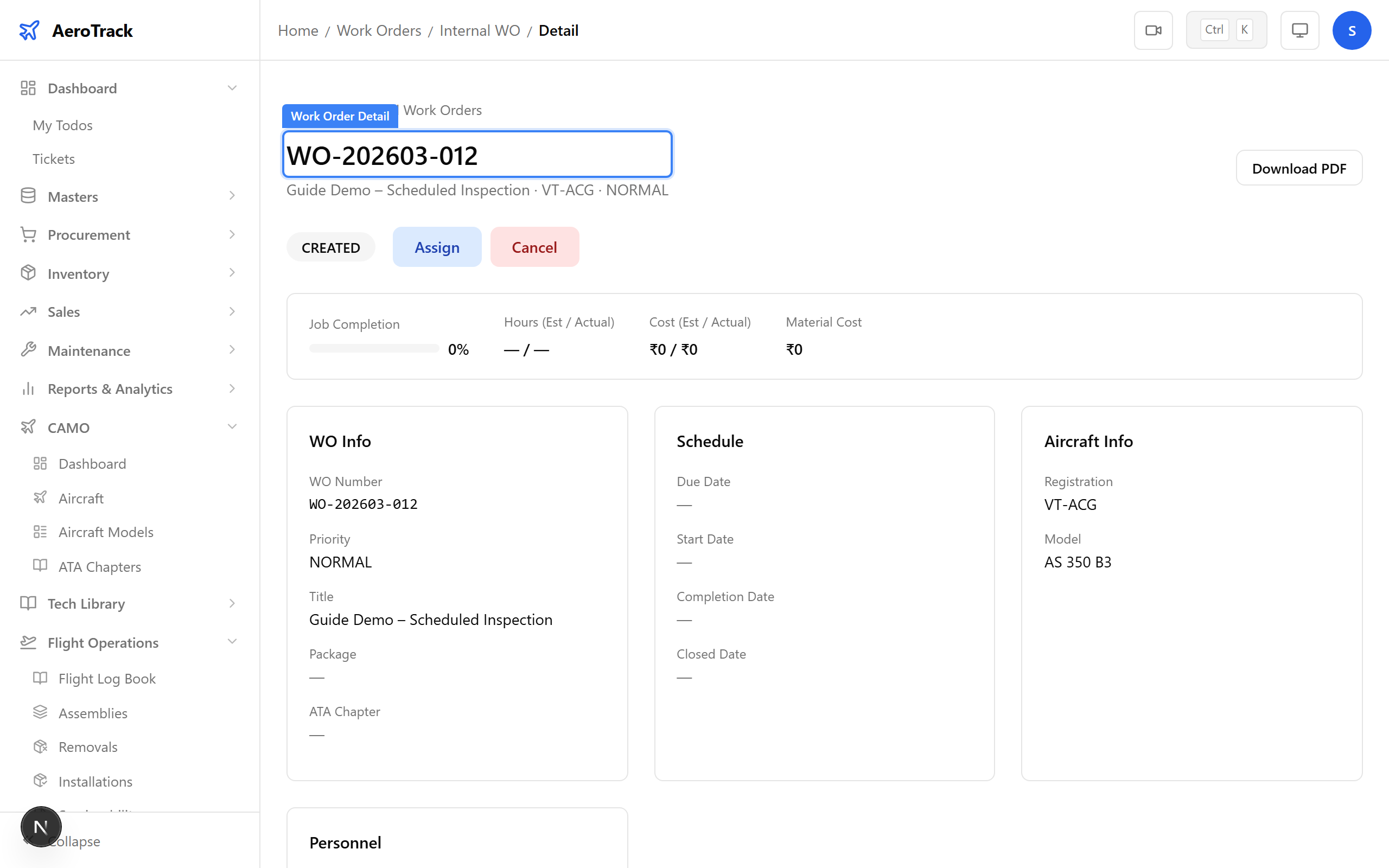 Work order detail page header with status badge