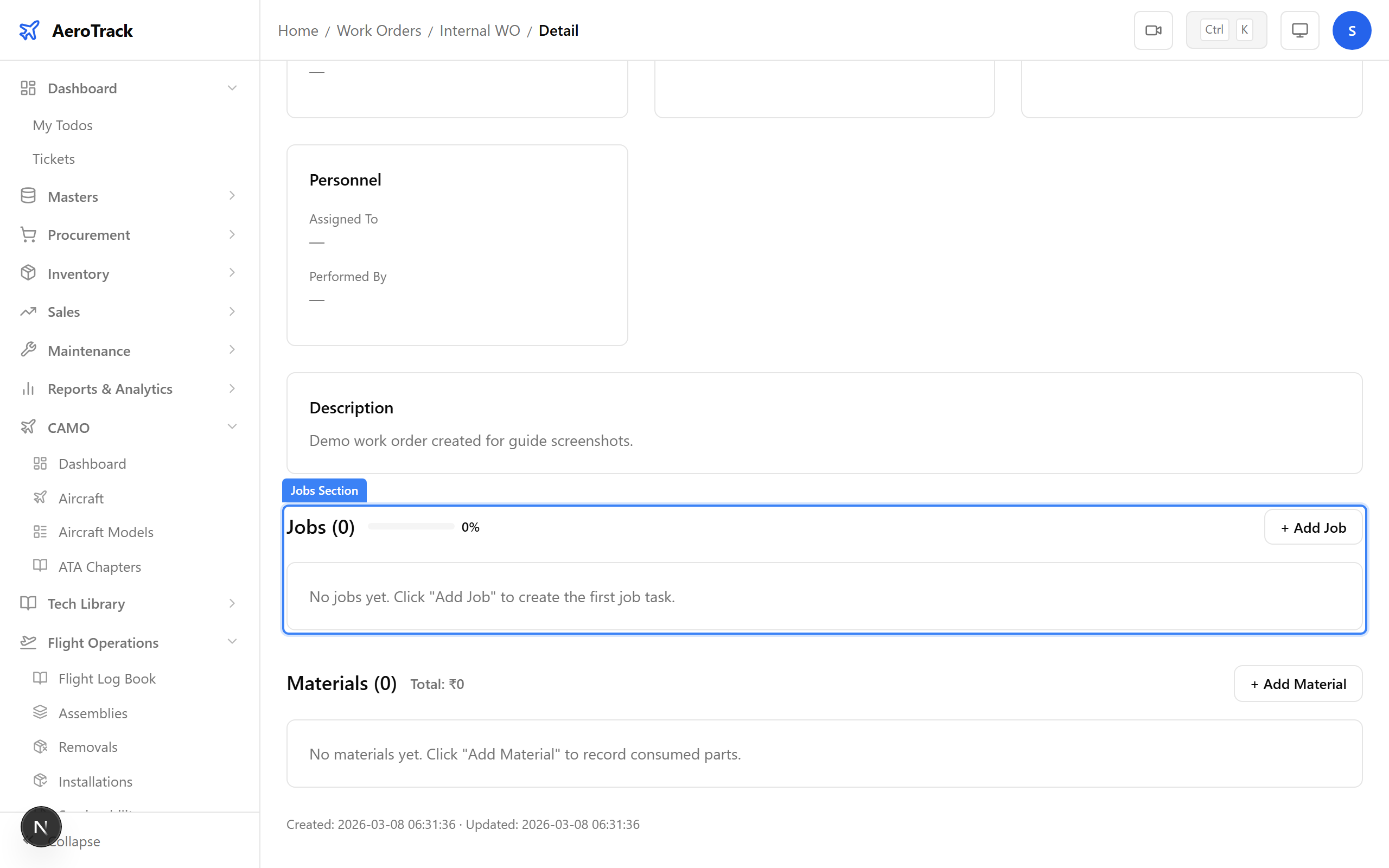 Jobs section with progress metrics