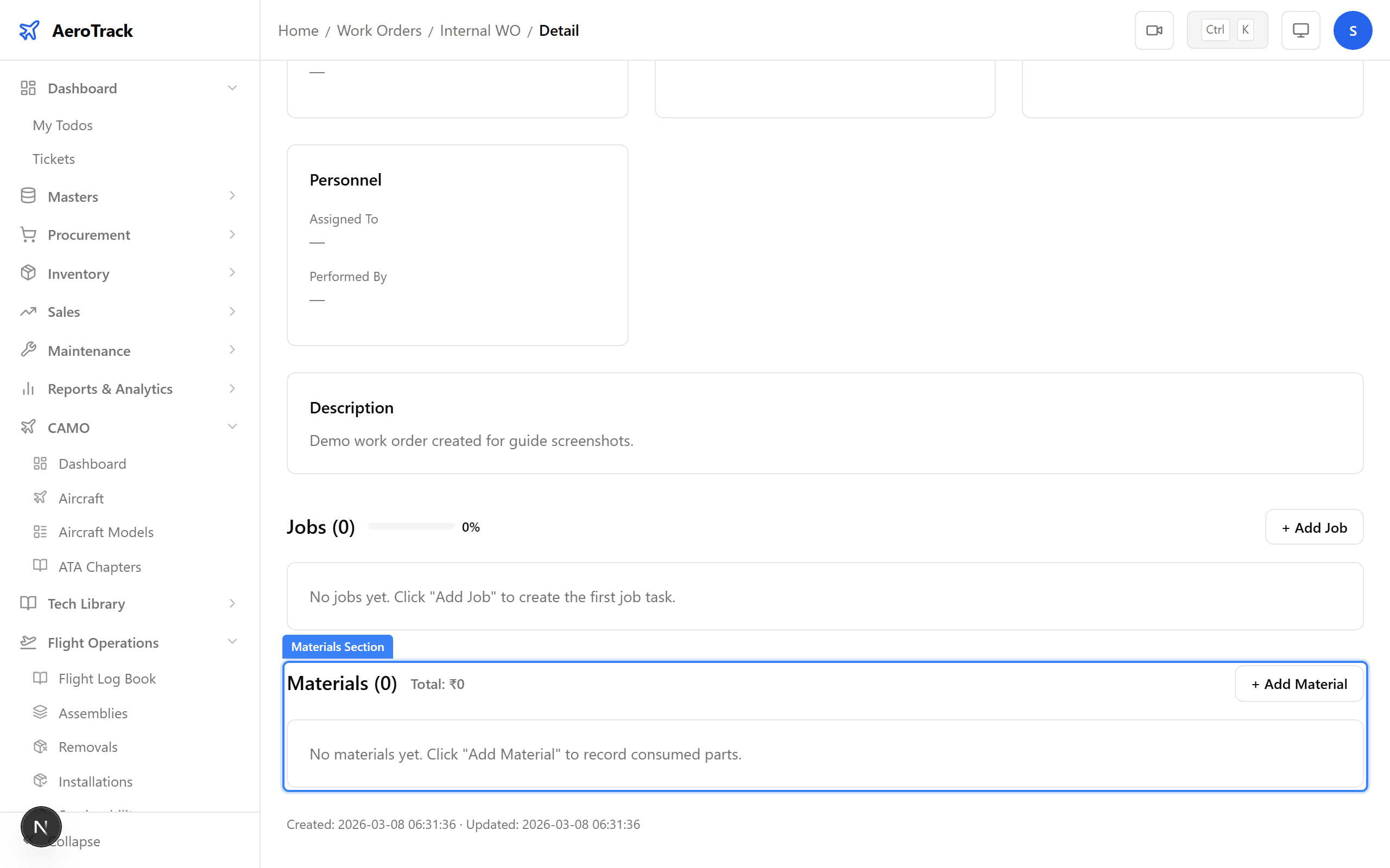 Workflow action buttons and materials section
