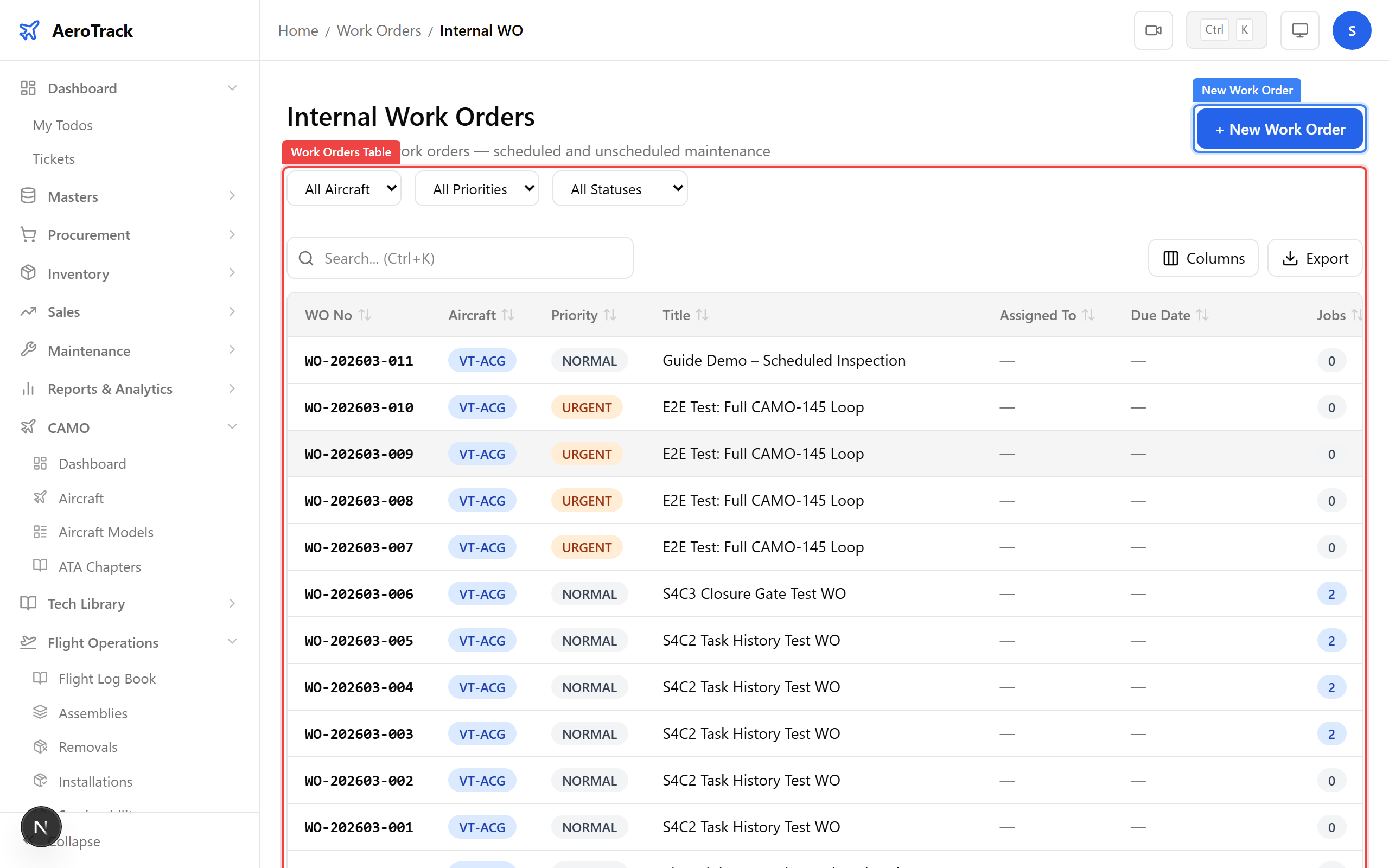 Internal Work Orders list with New Work Order button