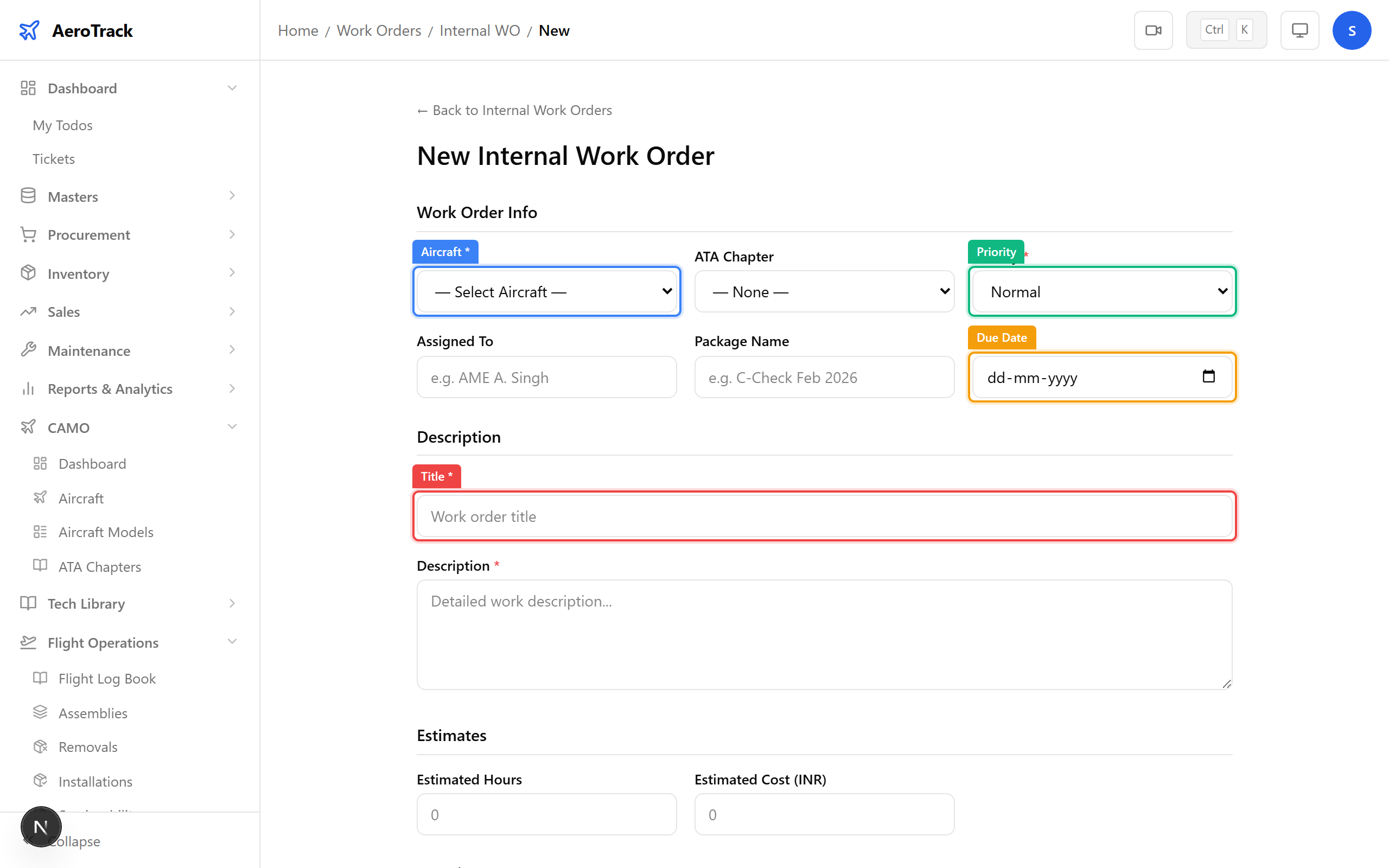 Work order form: Aircraft, Title, Priority, Due Date fields