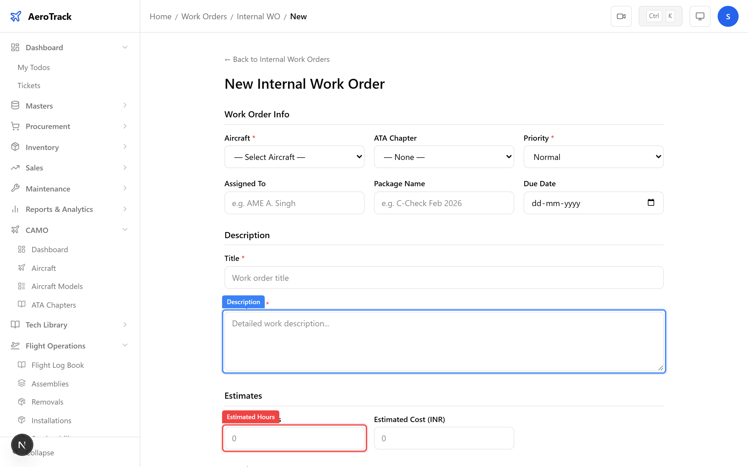 Description, Estimated Hours, and Create Work Order button