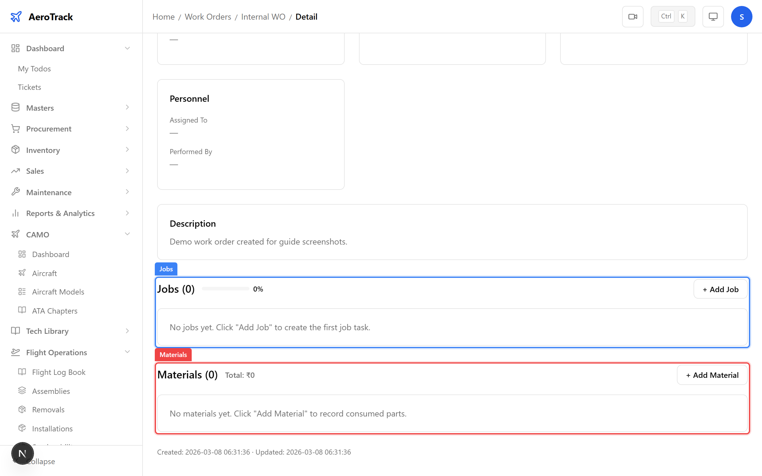 Work order detail page with Jobs and Materials sections