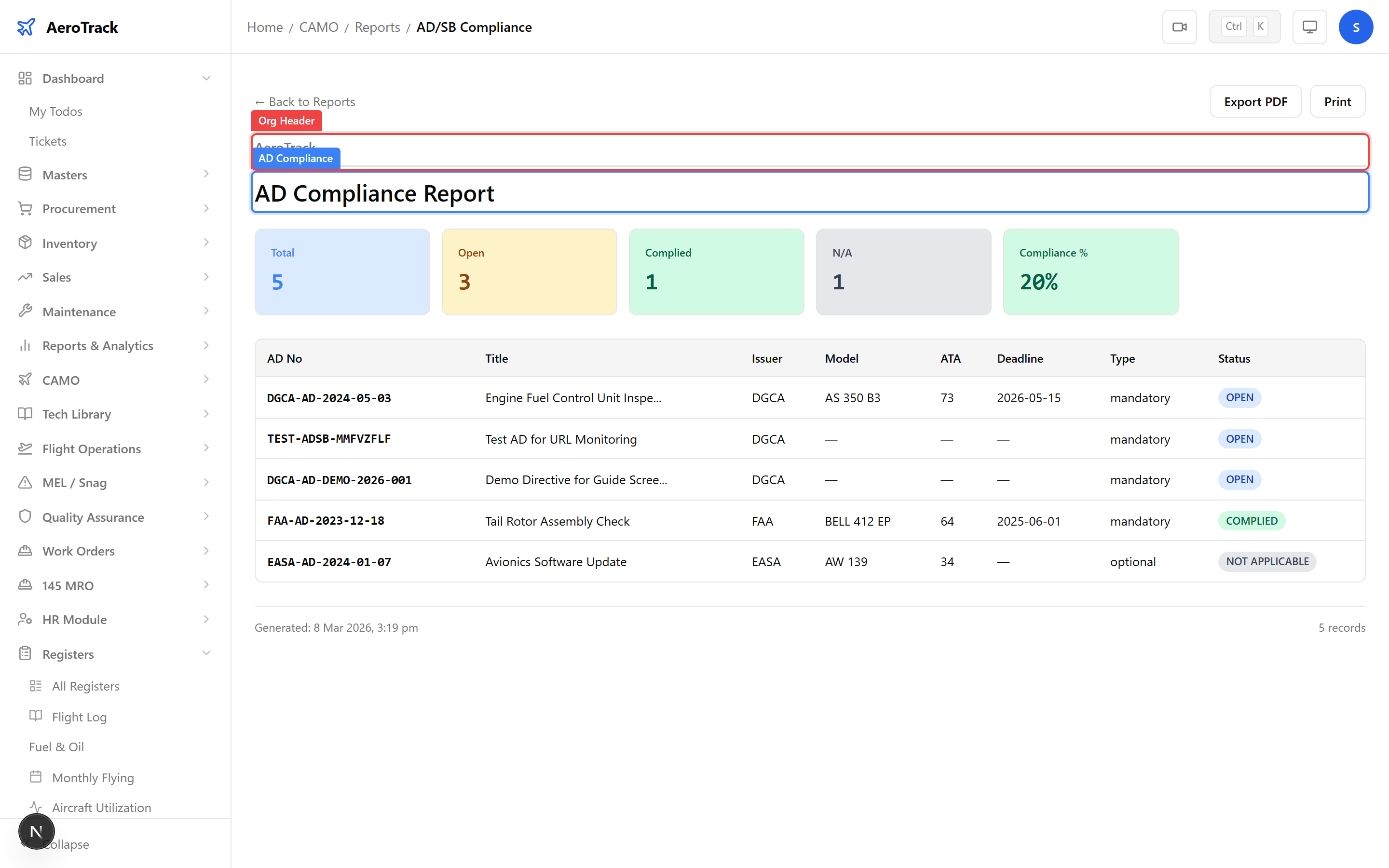 AD Compliance report showing compliance status per directive with DGCA and FAA issuer badges