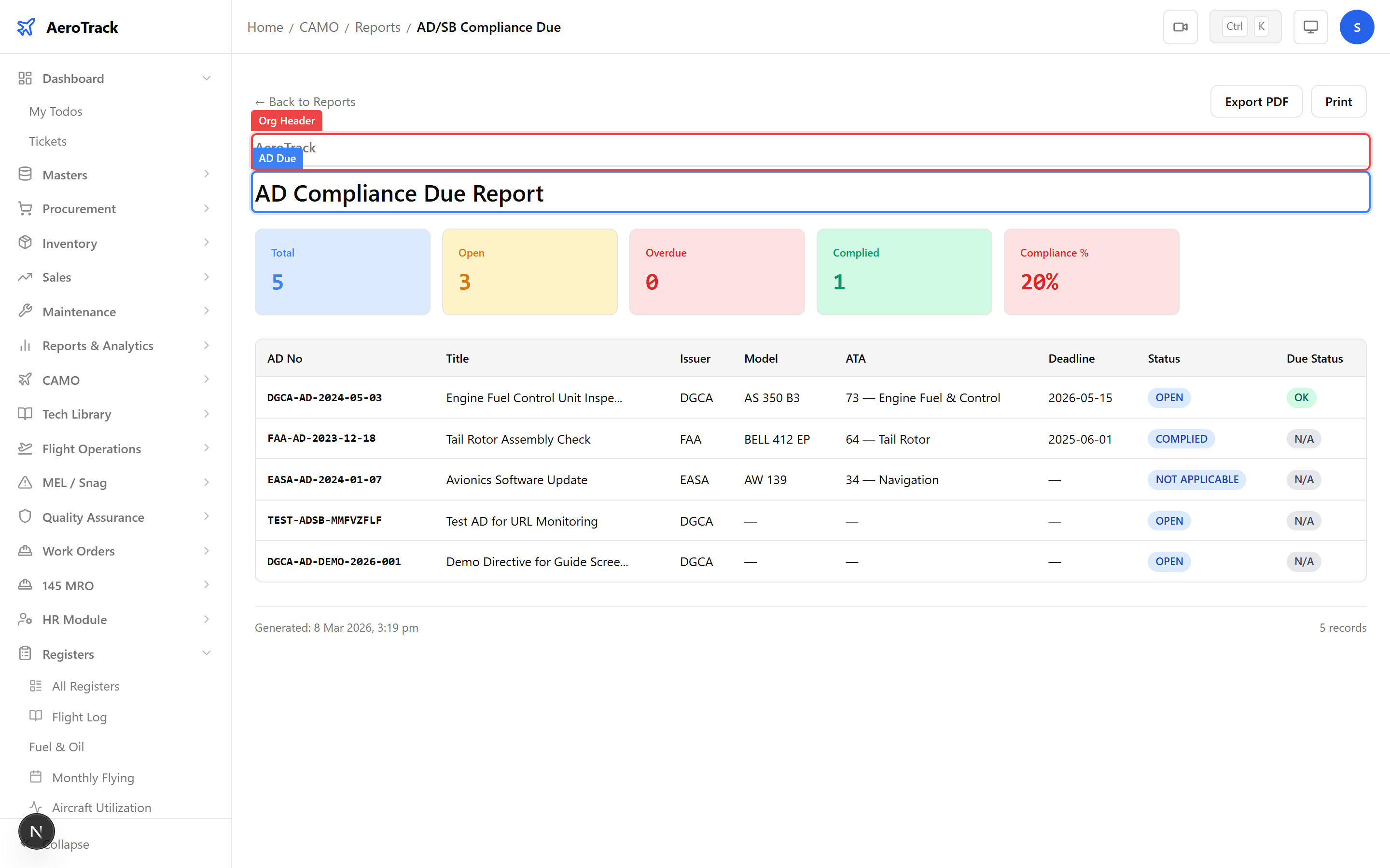 AD Compliance Due report showing remaining time before each directive becomes due