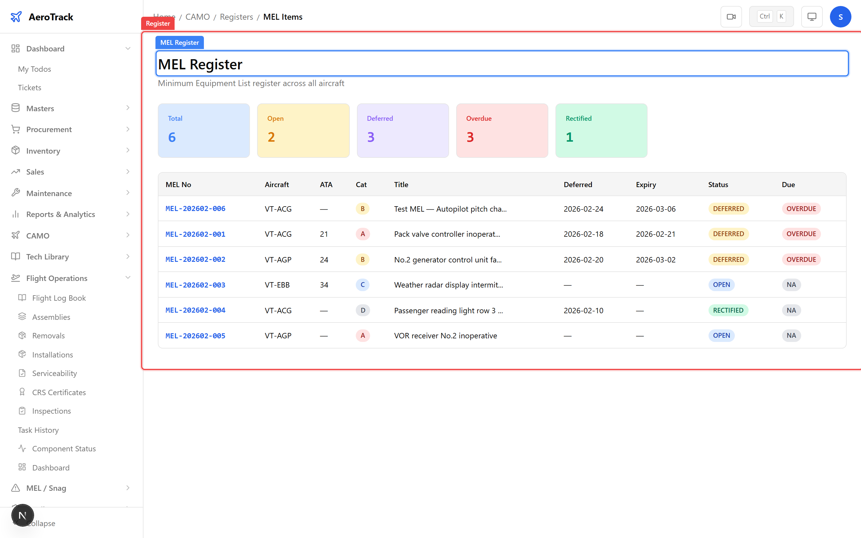 MEL Register showing deferred items with category, deadline, and overdue status