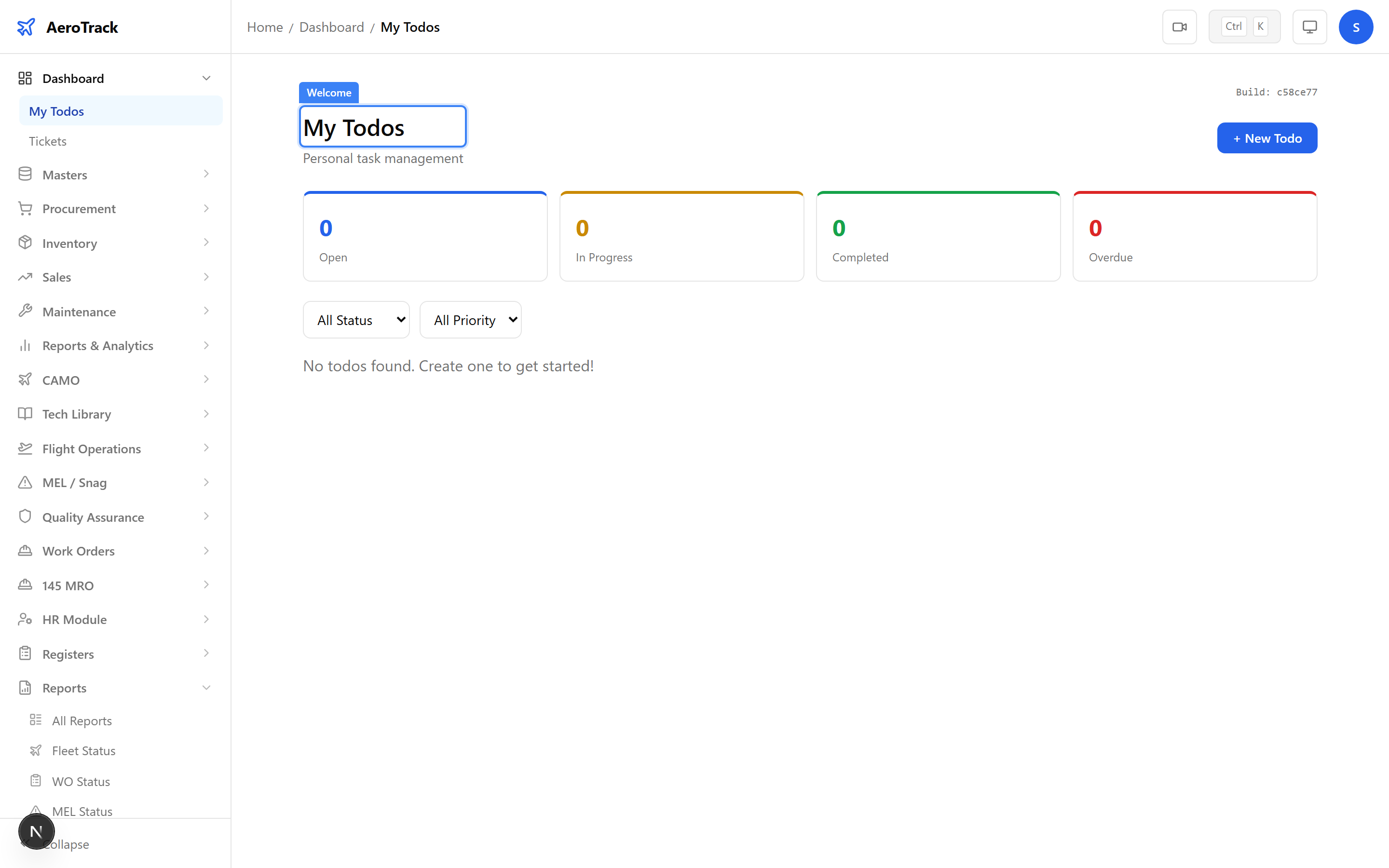 AeroTrack dashboard landing page with welcome heading, Todos card, and Tickets card