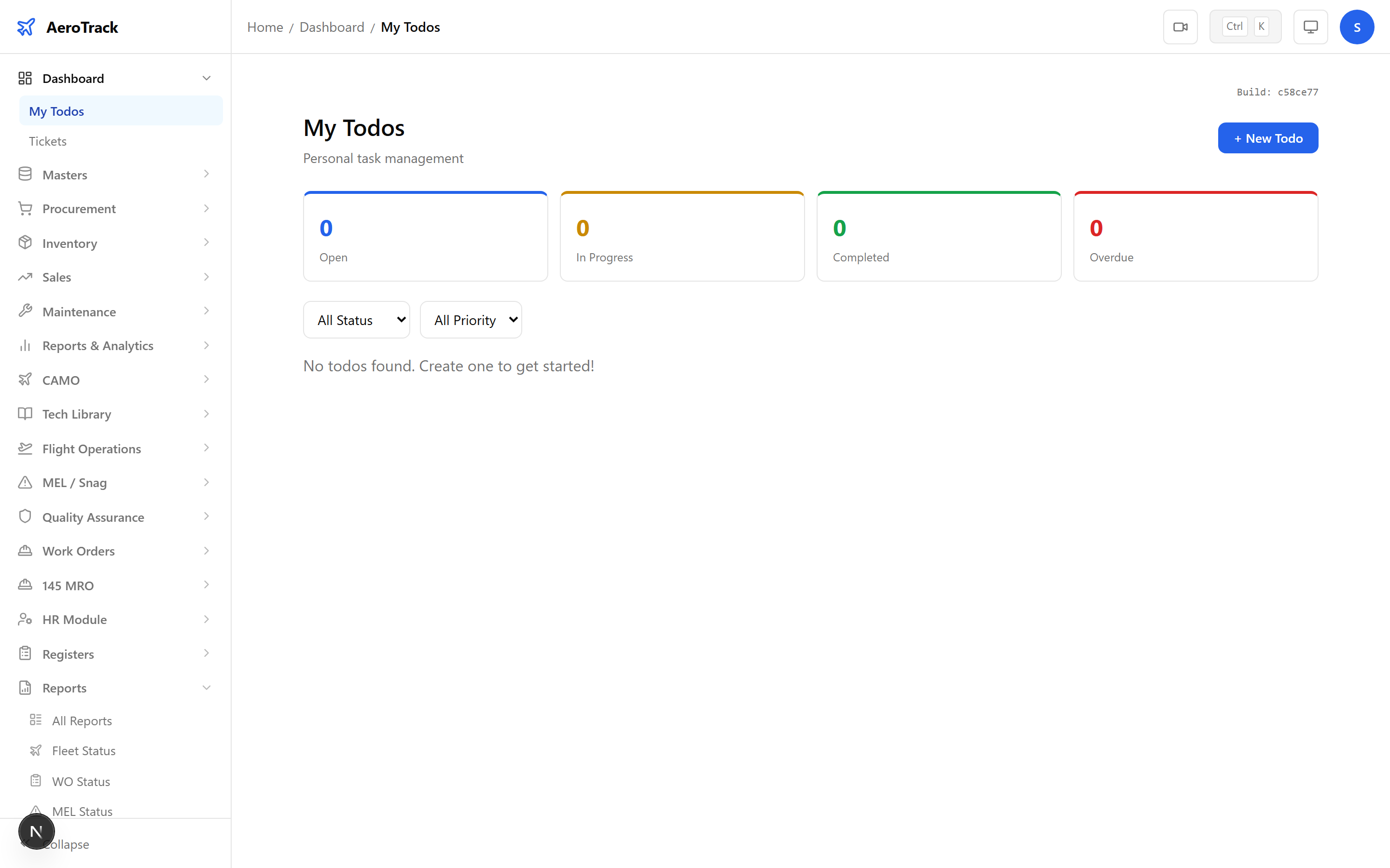 Dashboard widgets showing Todos card with task list and Tickets card with open ticket count