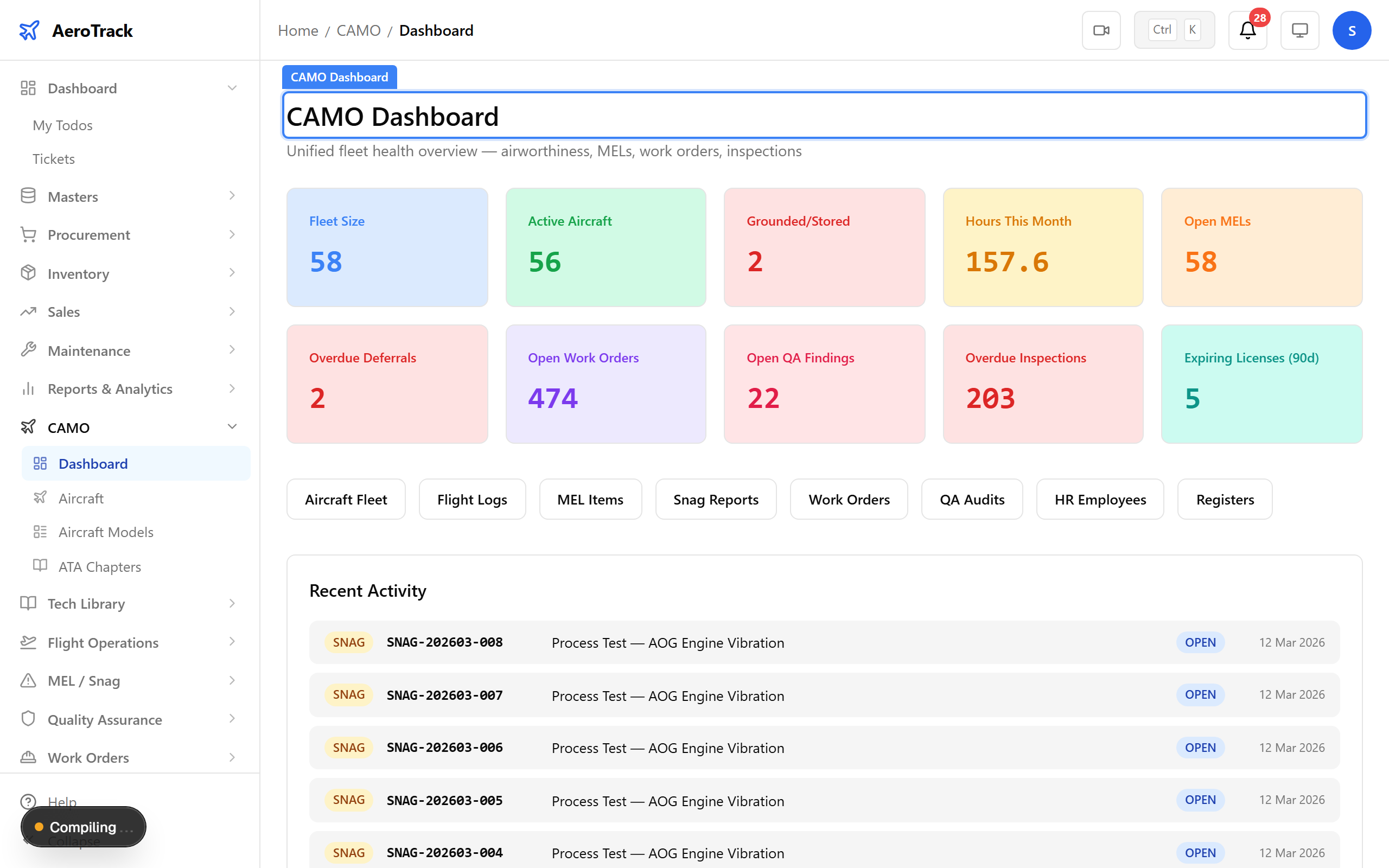 CAMO dashboard with fleet health KPIs