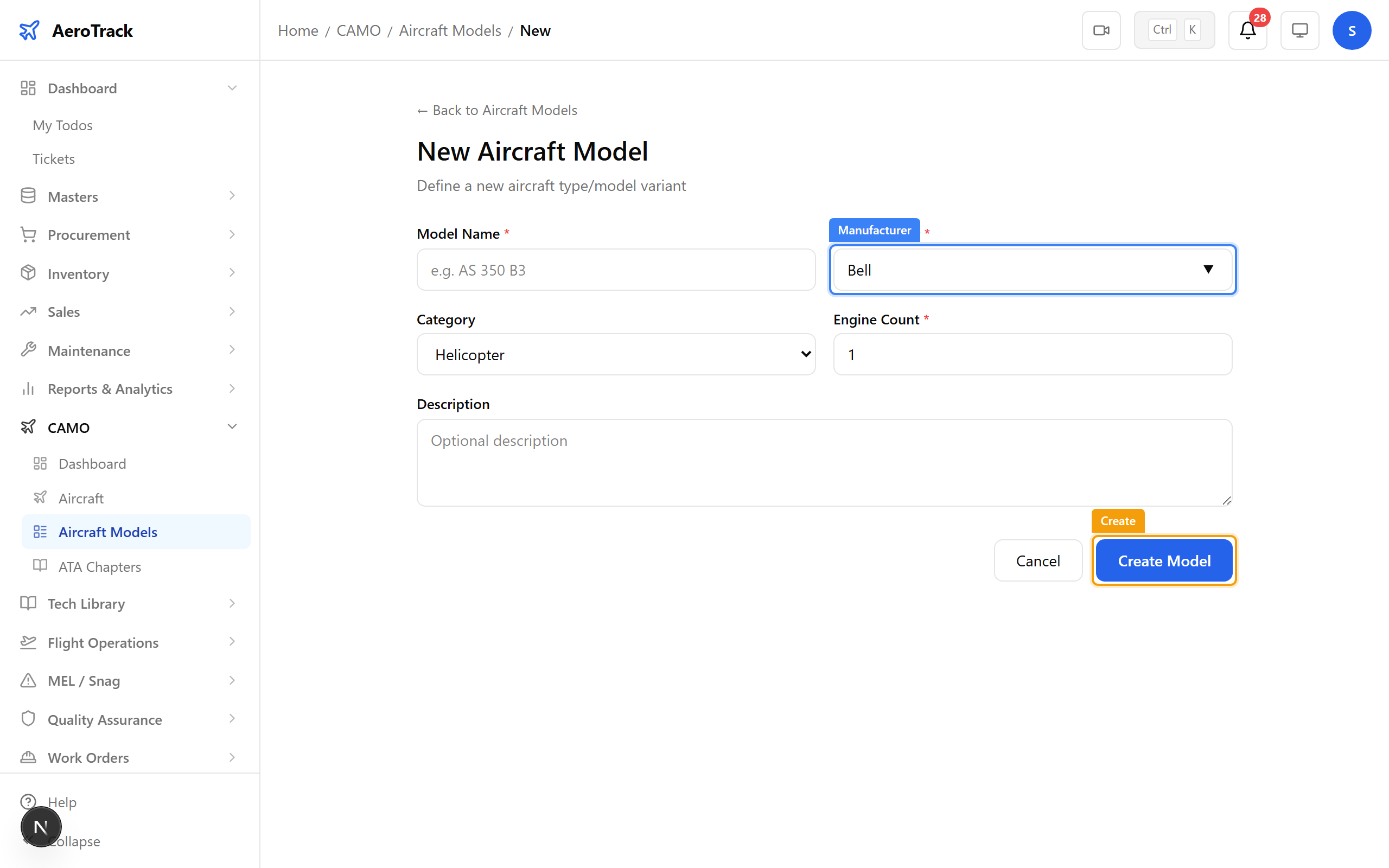 Aircraft model creation form
