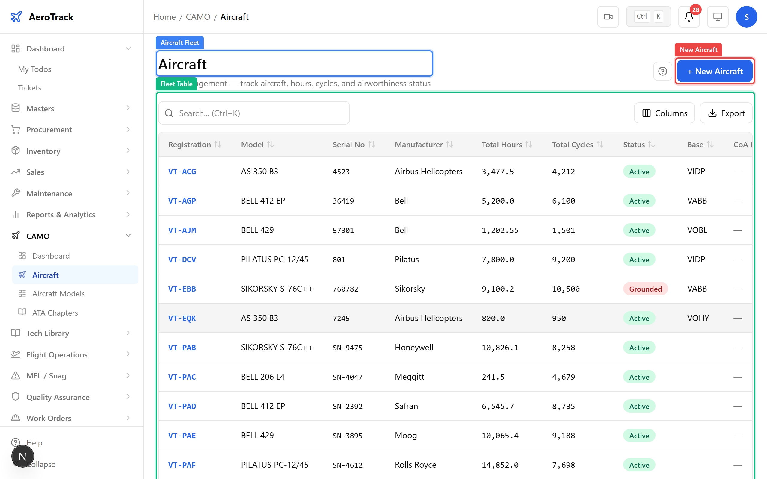 Aircraft fleet list with status badges