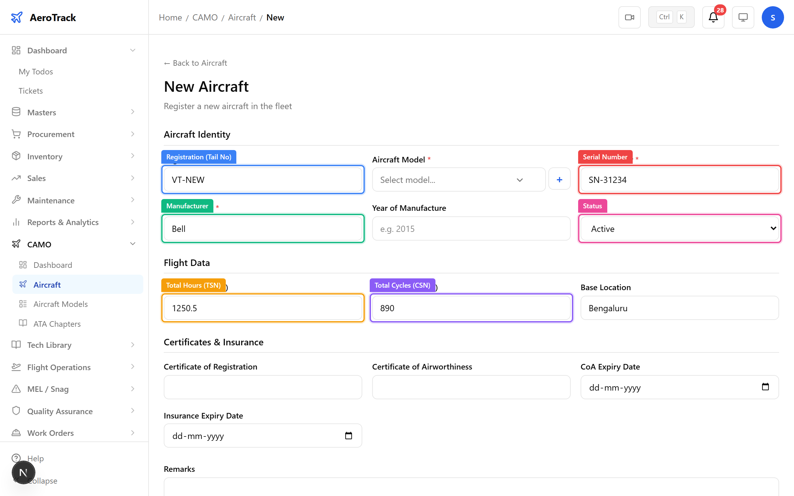 Aircraft registration form with annotated fields