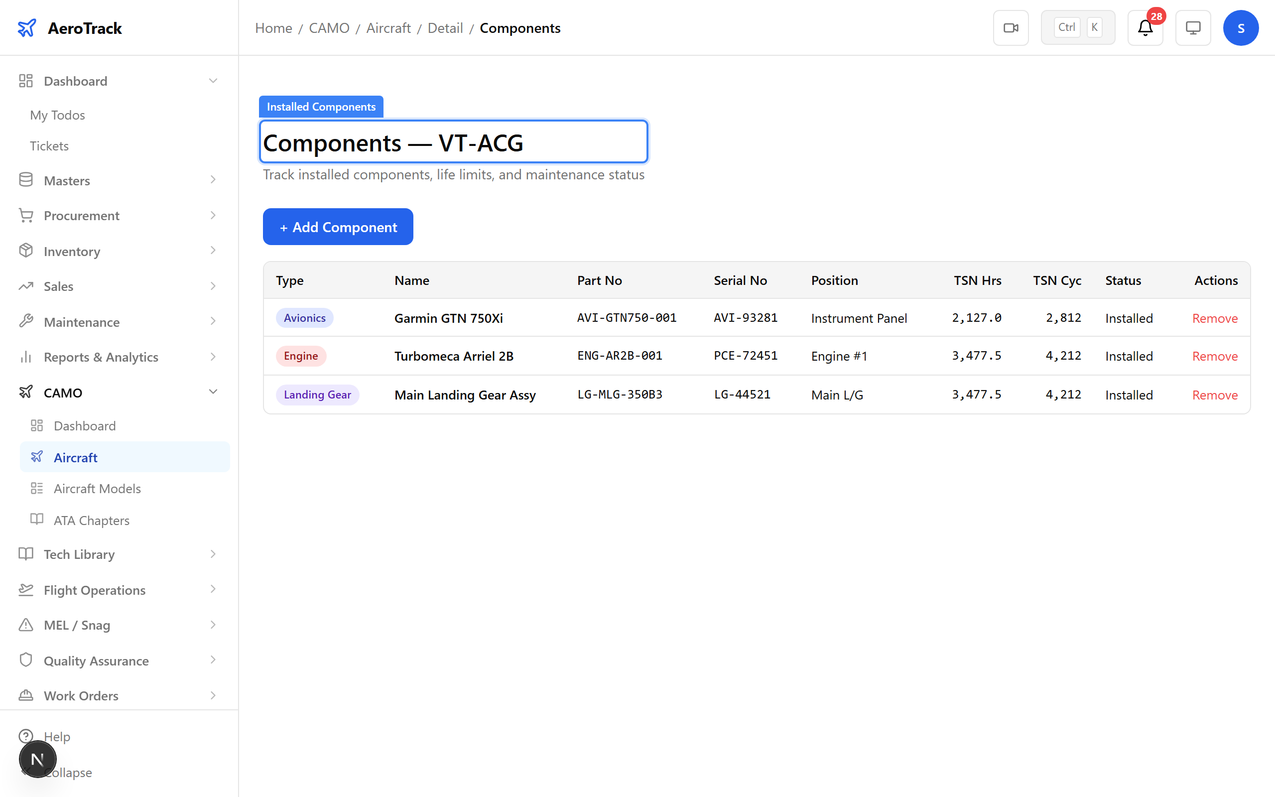 Aircraft installed components list
