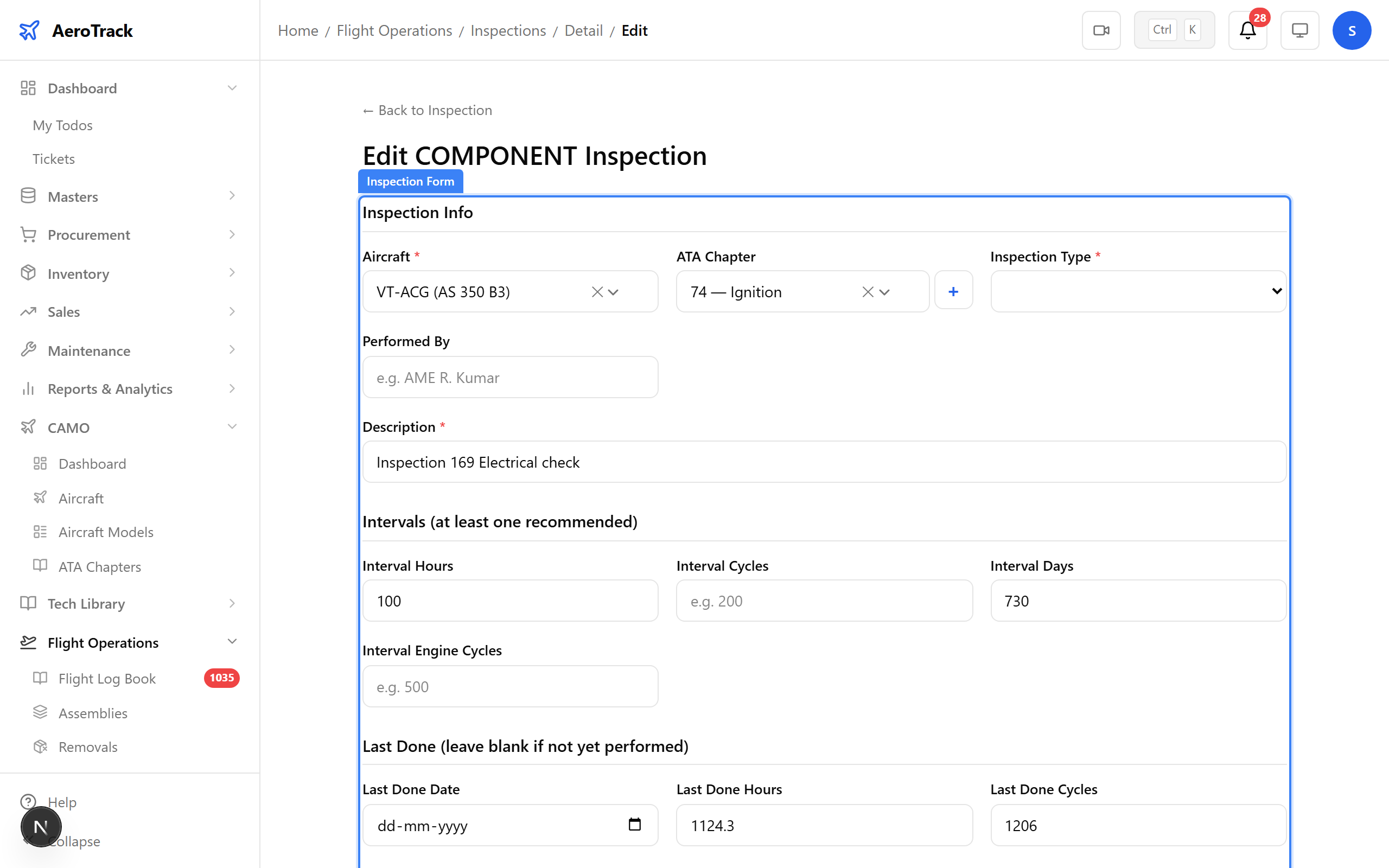 Inspection edit form with reason field