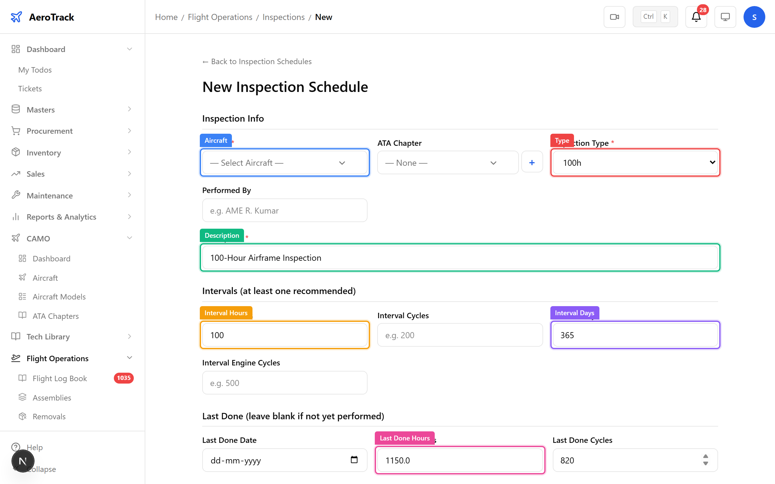 Inspection creation form — top section
