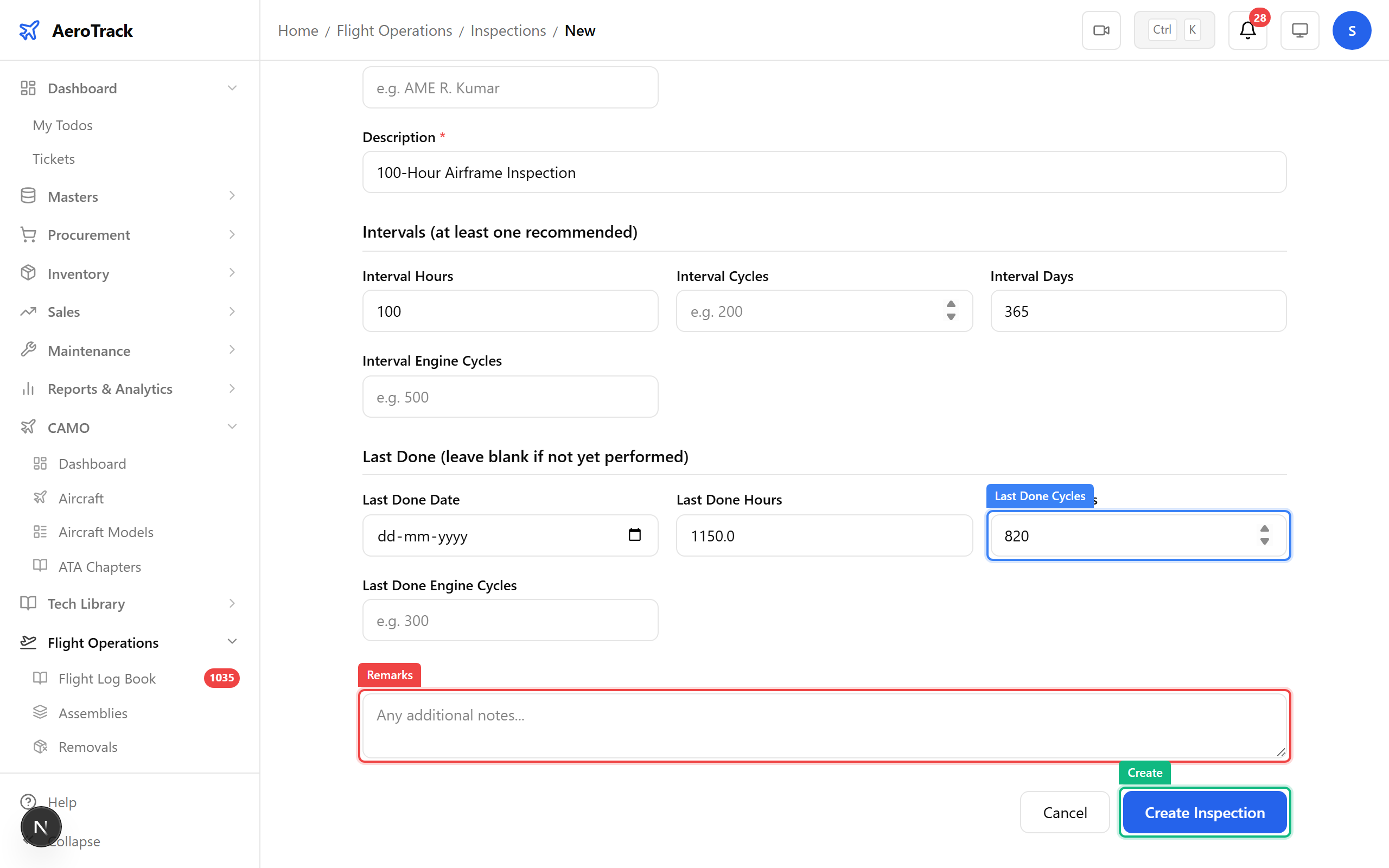 Inspection creation form — bottom section