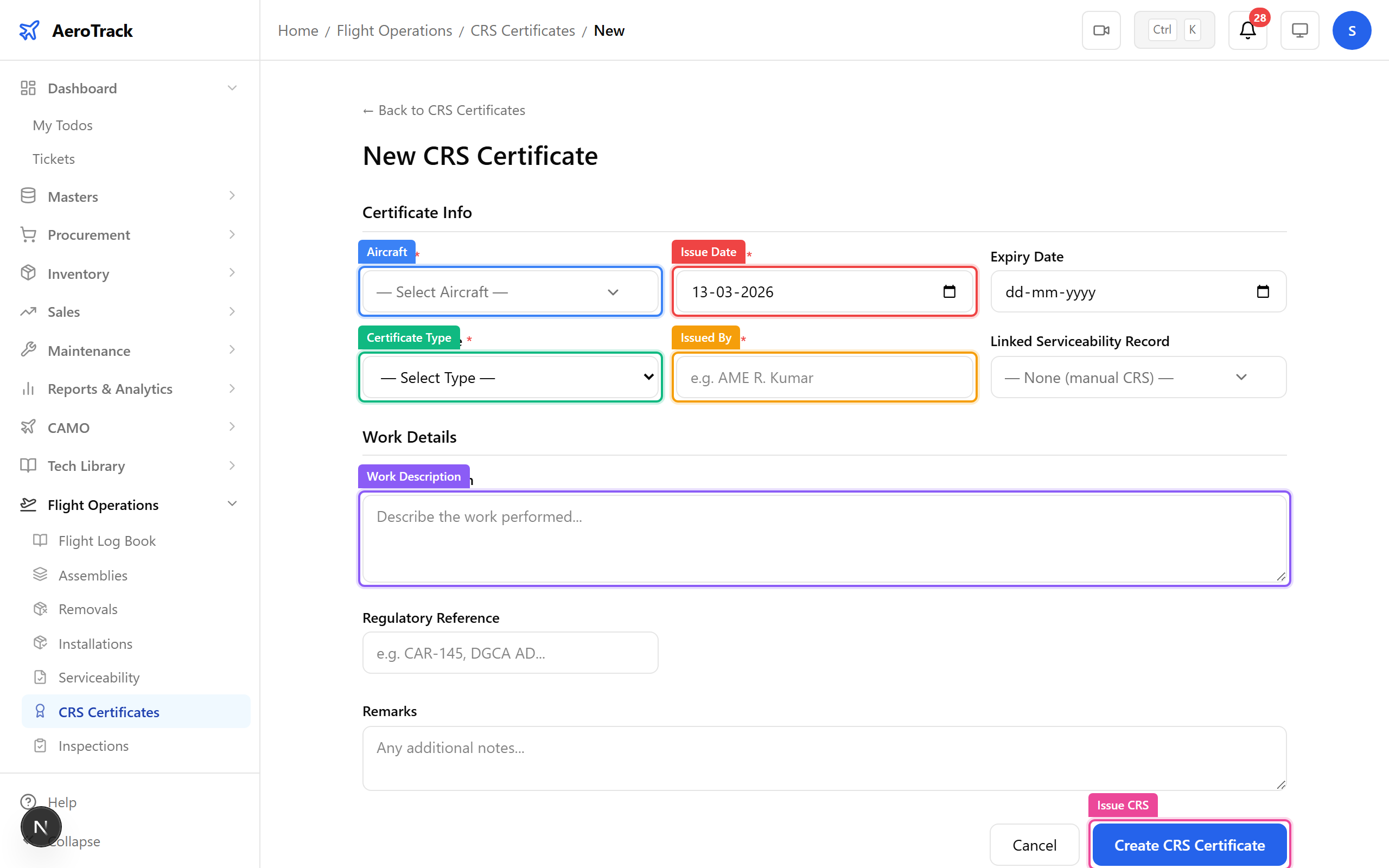 CRS creation form with annotated fields