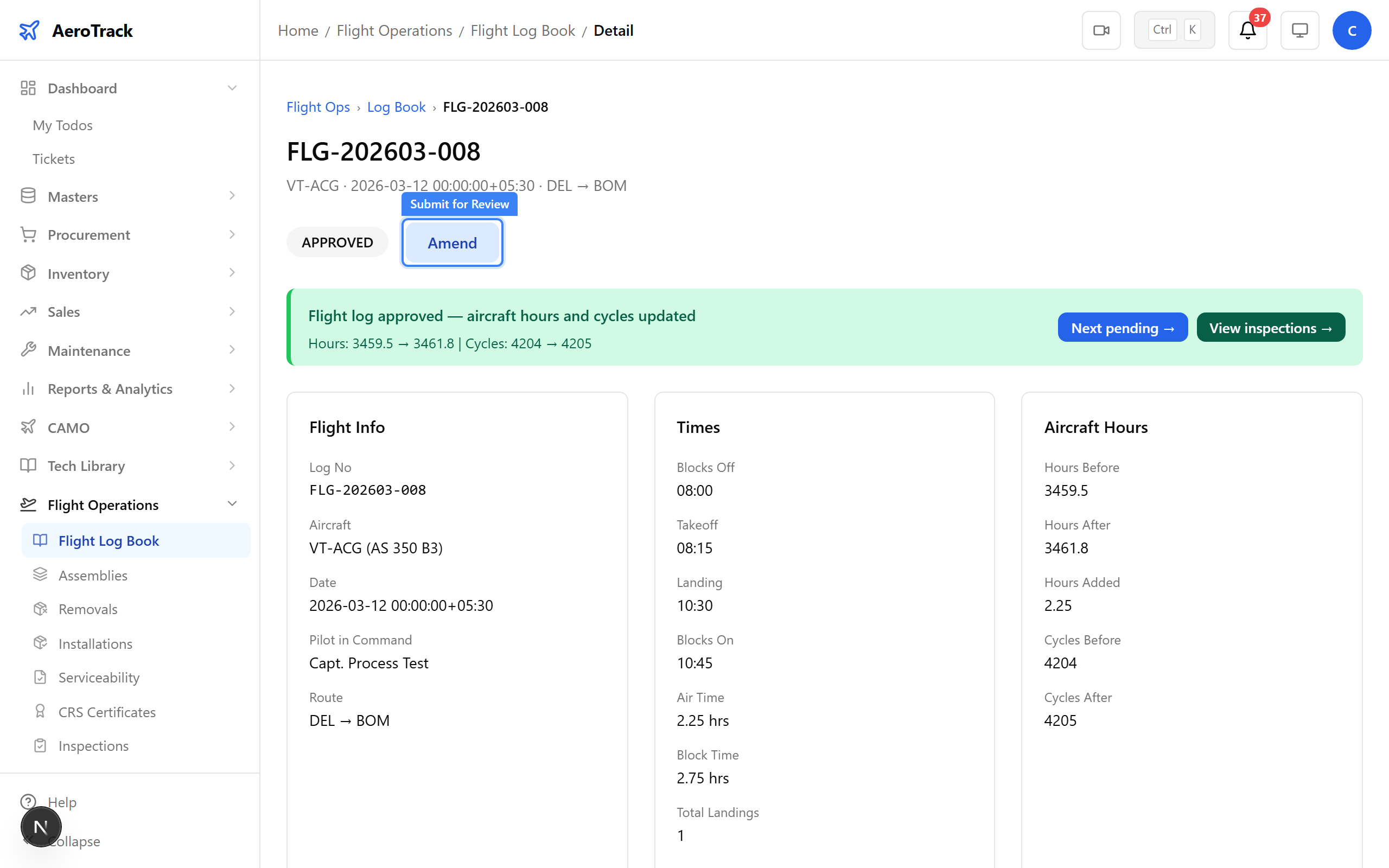 Flight log with Approve button highlighted