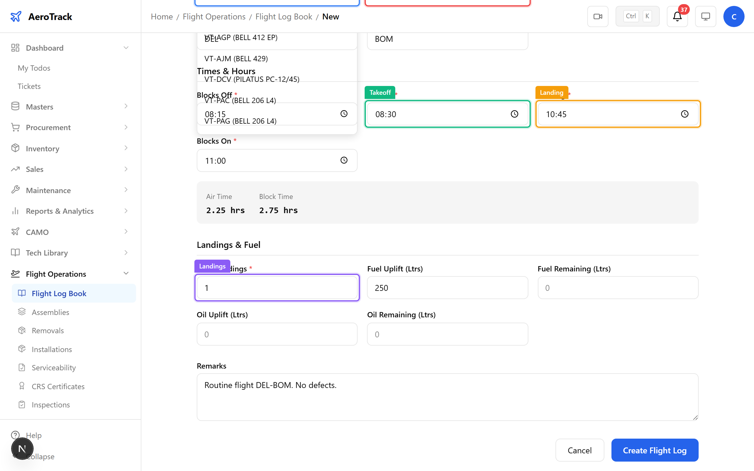 Completed flight log form for VT-ACG