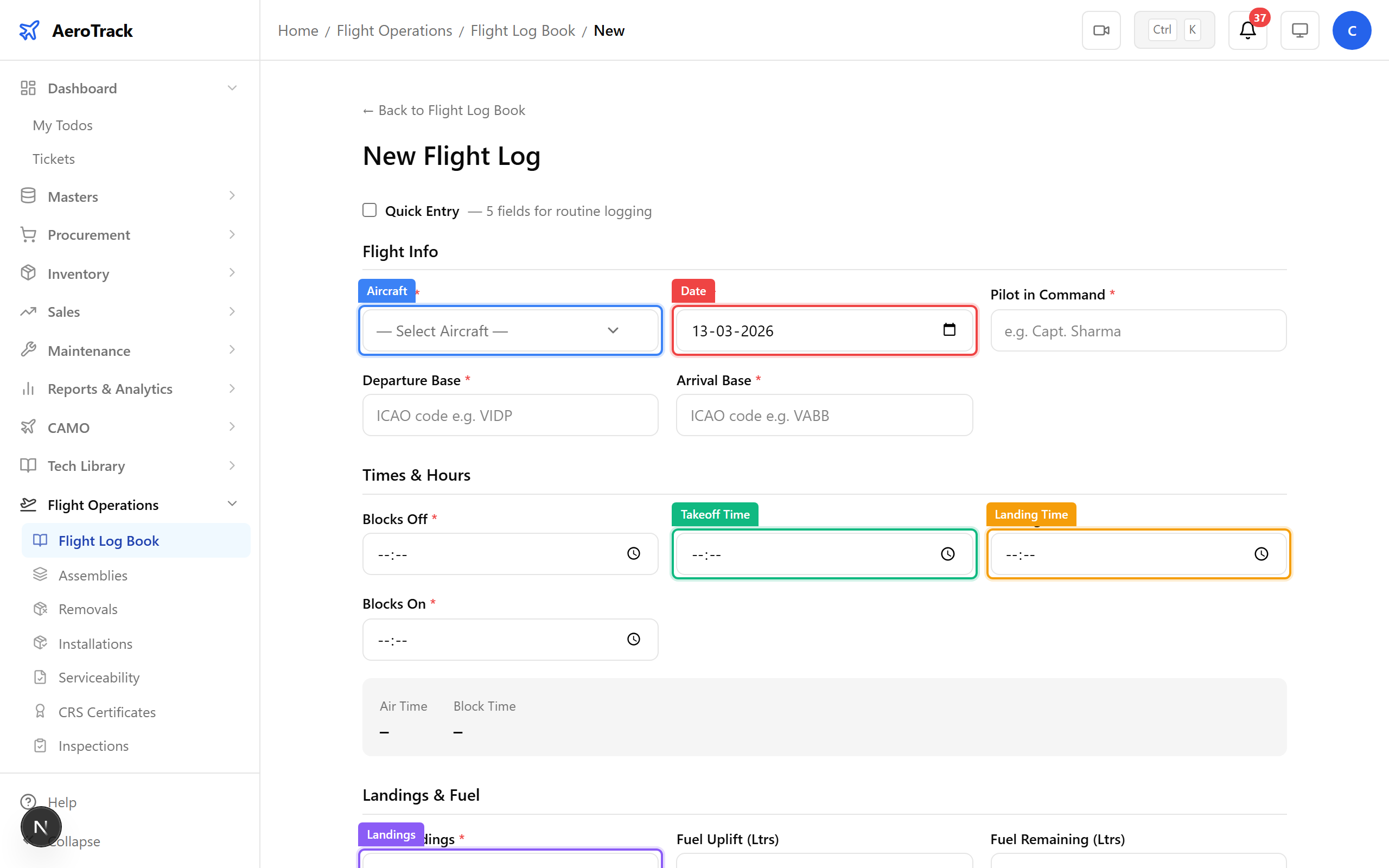 New flight log form with annotated fields