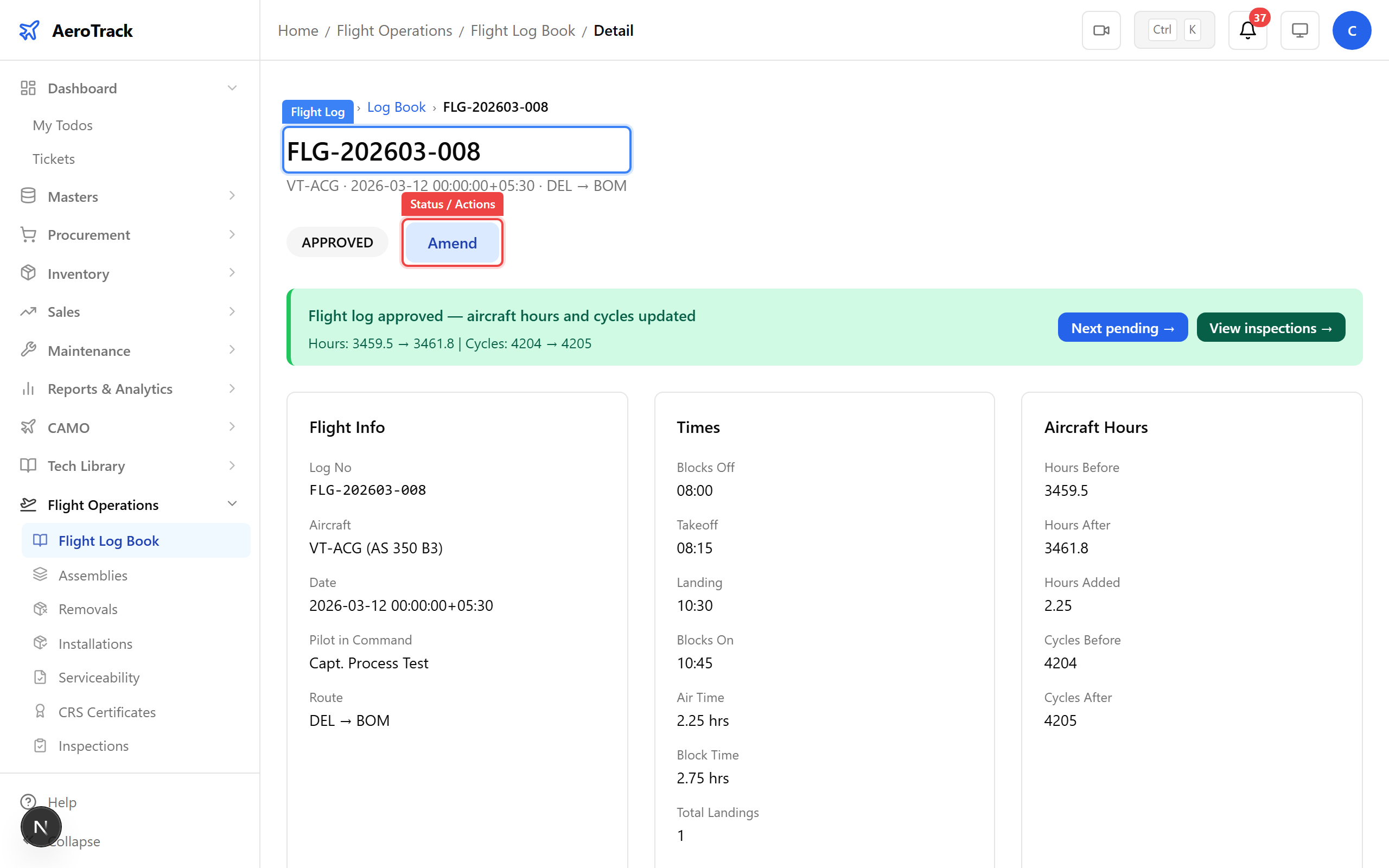Saved flight log in DRAFT status