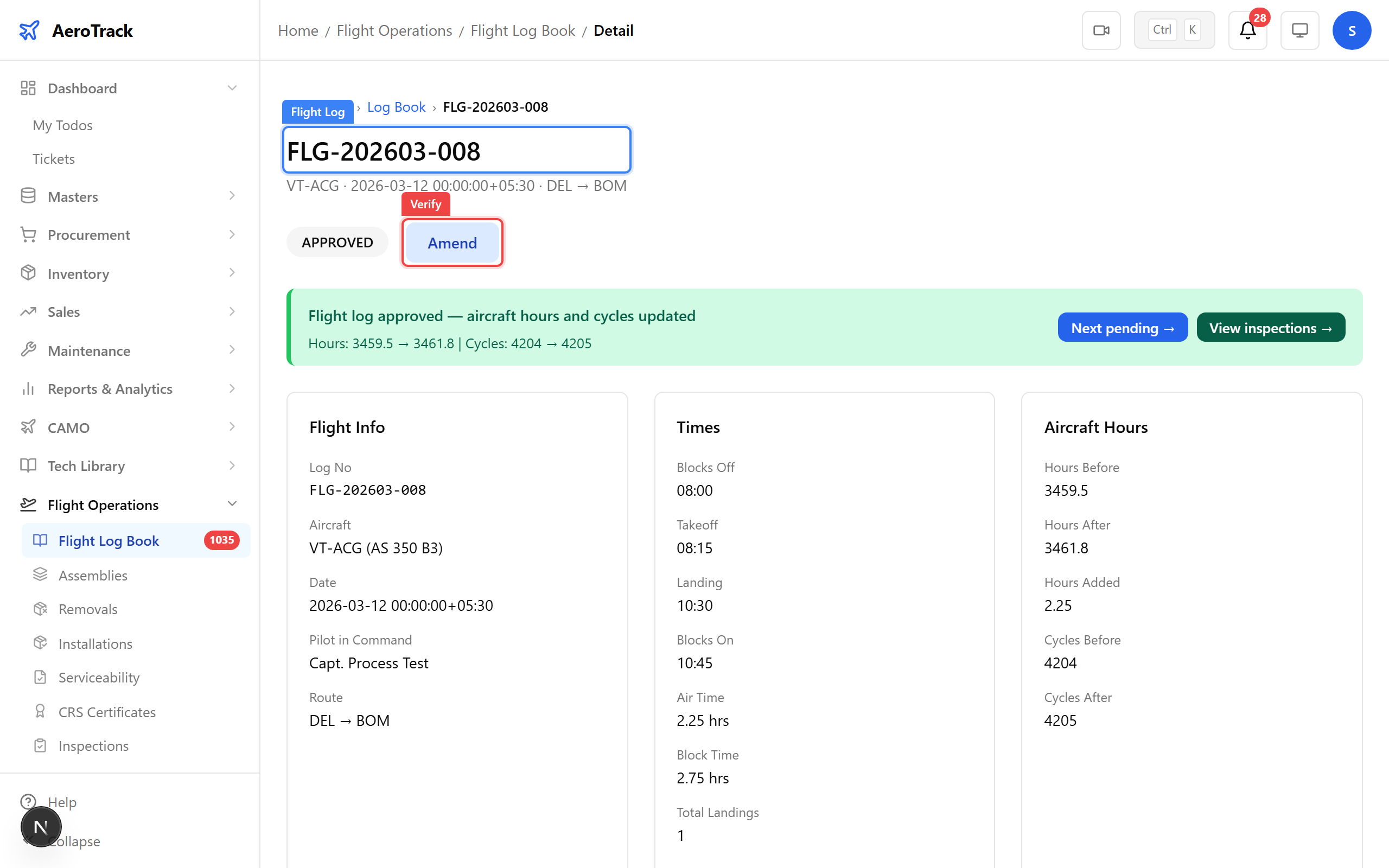 Flight log with Verify button highlighted