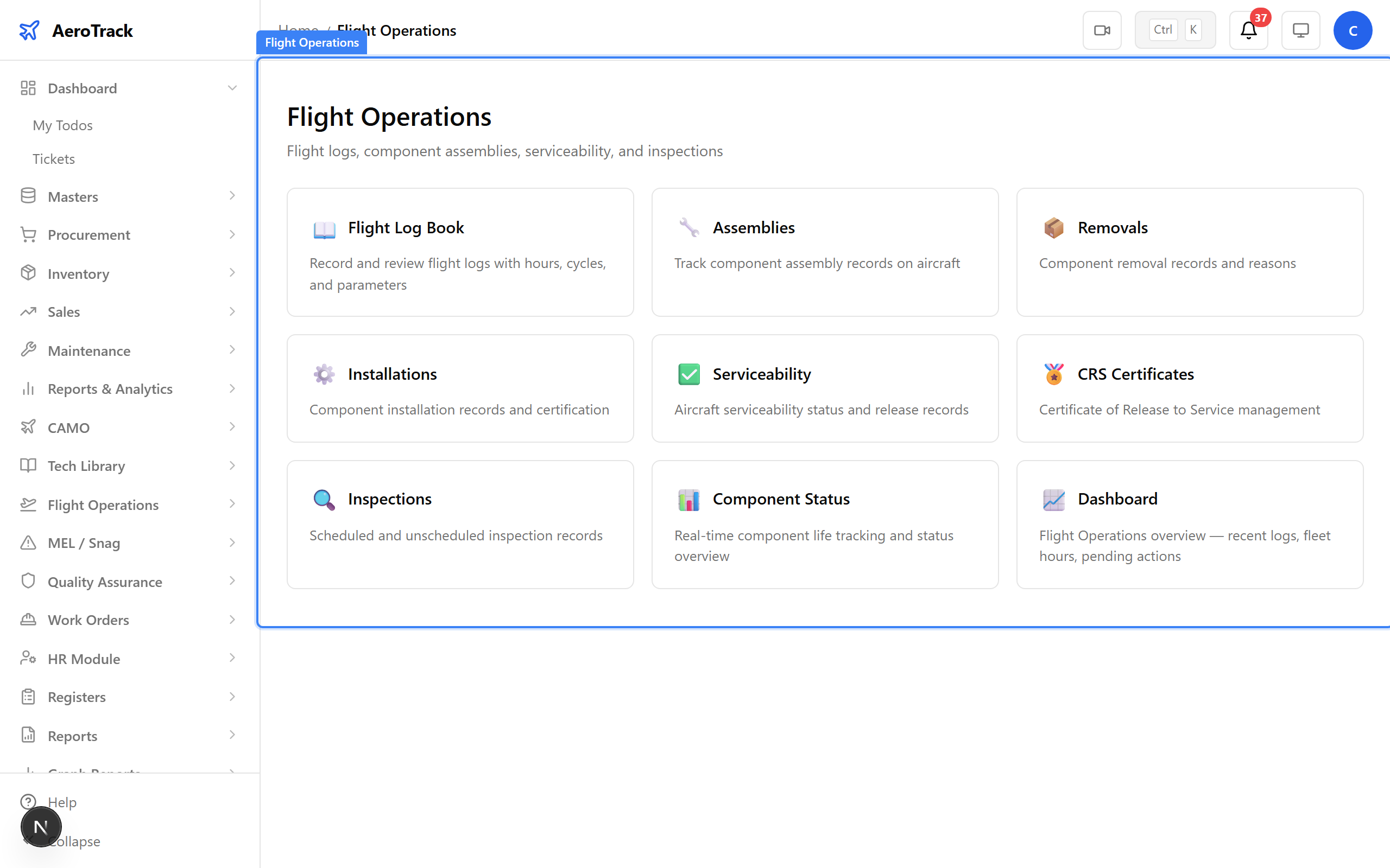 Flight Operations landing page with module cards