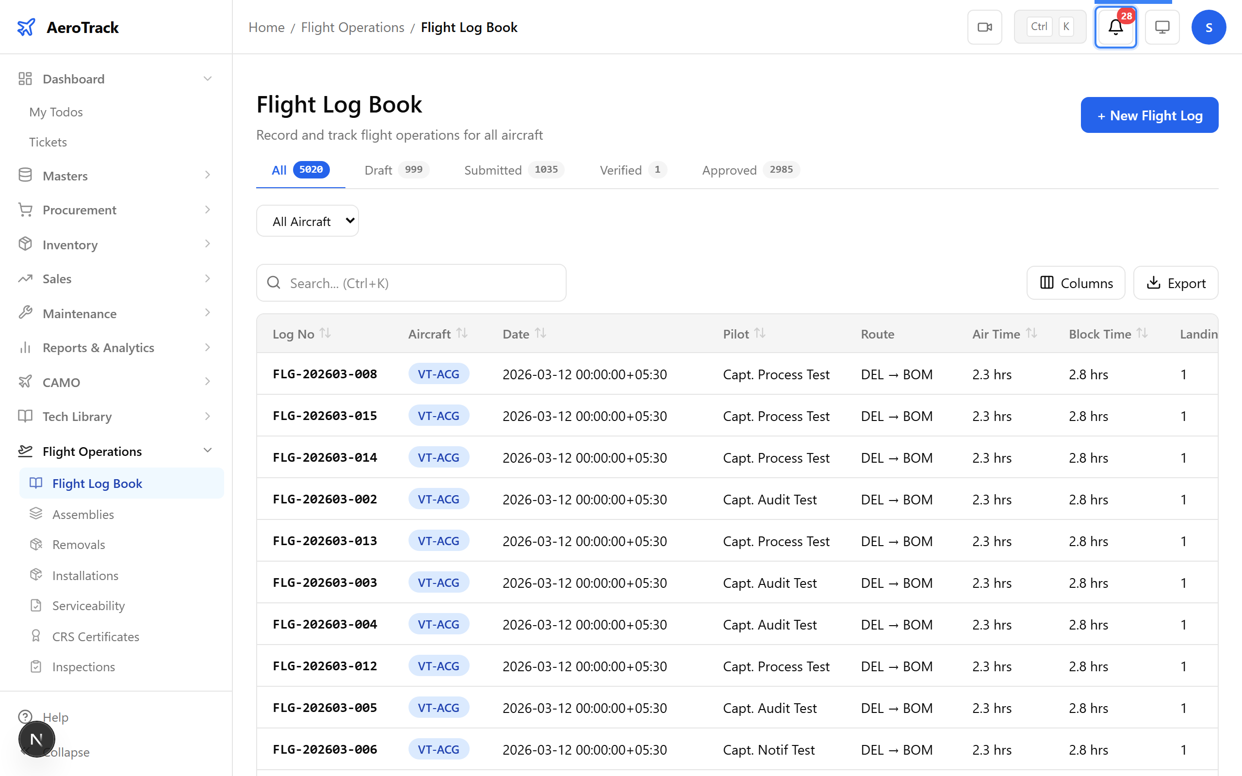 Notification bell with pending flight log