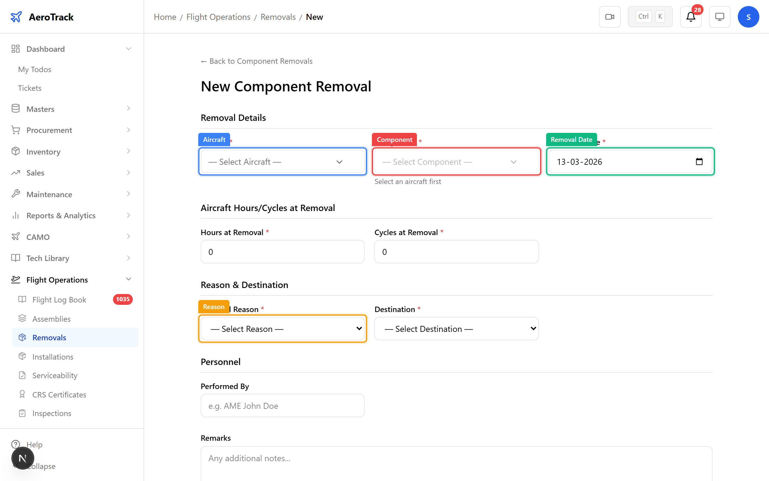 Component removal form with annotated fields