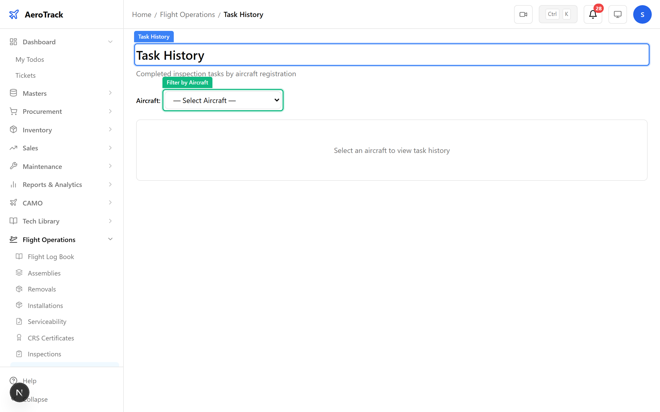 Task history table with filters