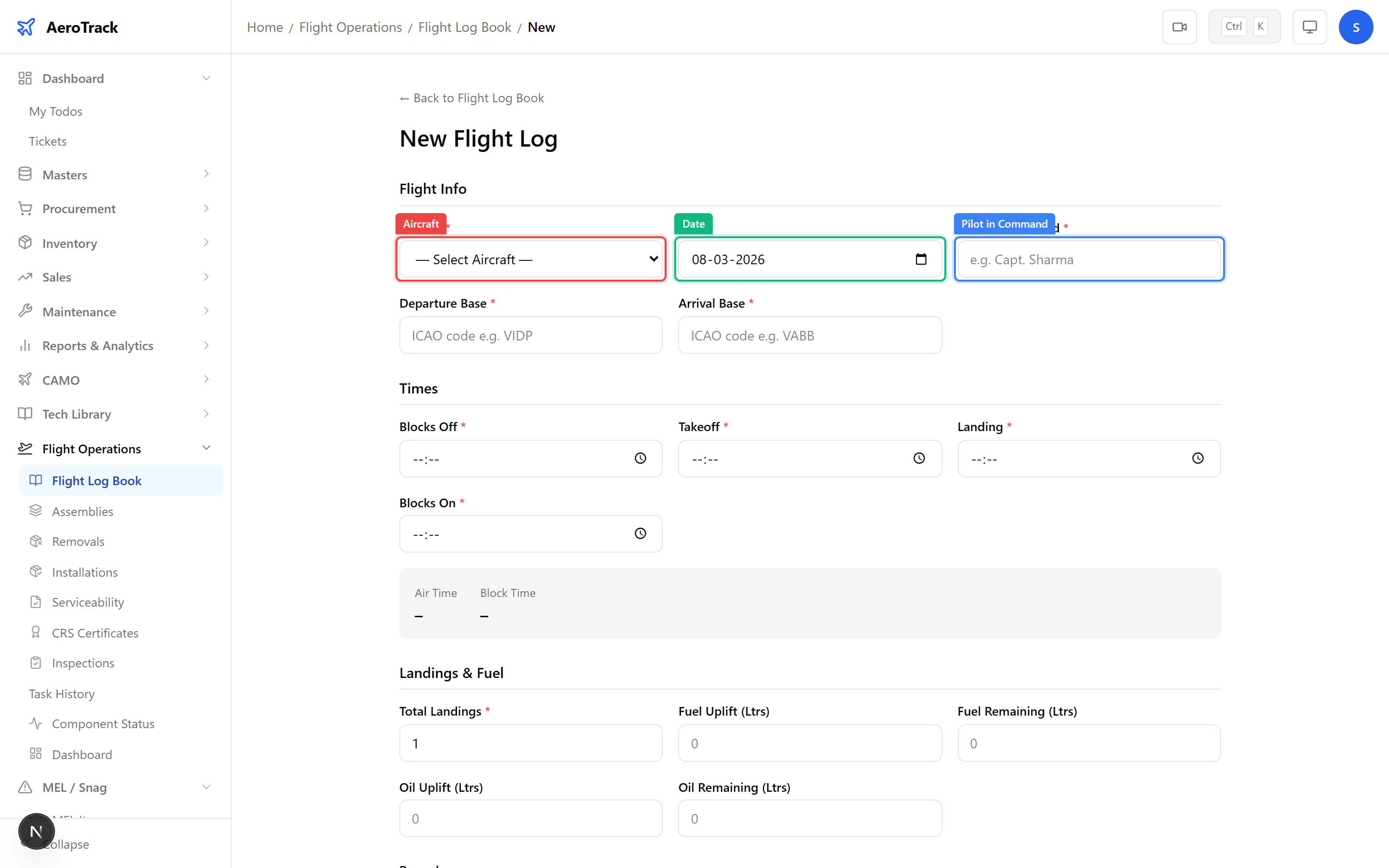 Flight log form with the Pilot in Command field highlighted, showing aircraft selector, date, and departure/arrival bases