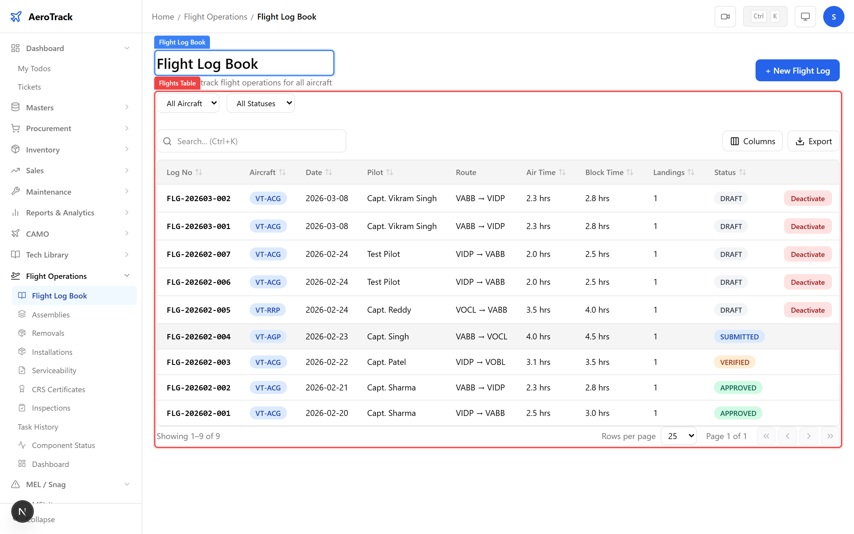 Flight log book table showing the Pilot column with pilot names alongside aircraft, dates, routes, and times
