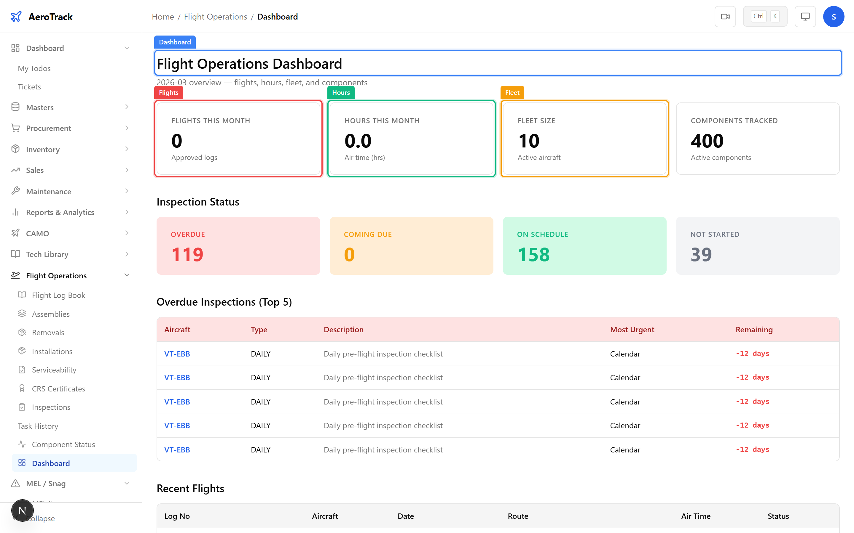 Flight Operations Dashboard with KPI cards showing flights this month, hours this month, fleet size, and recent flights table