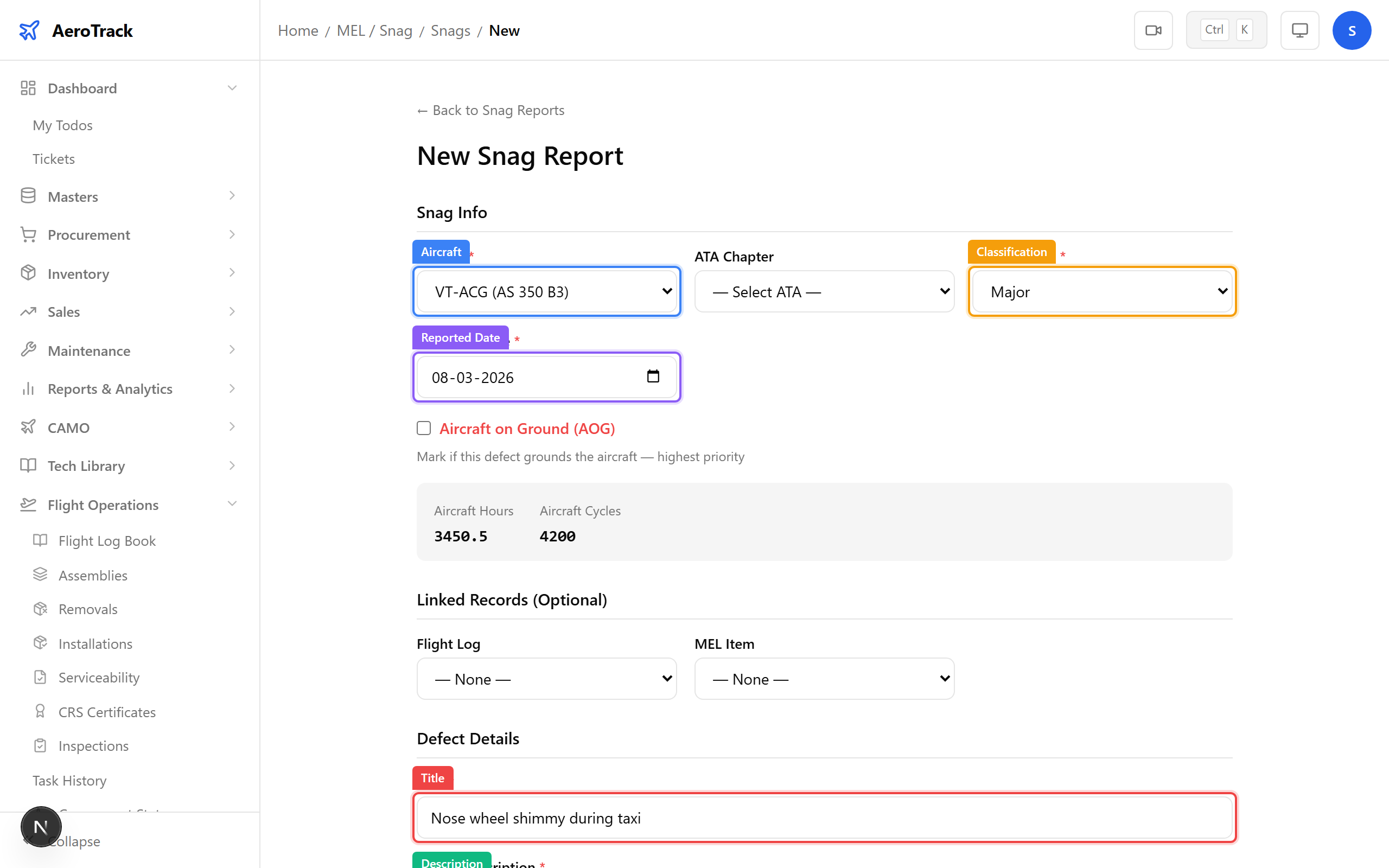 Snag form: aircraft, title, description, classification, reported date