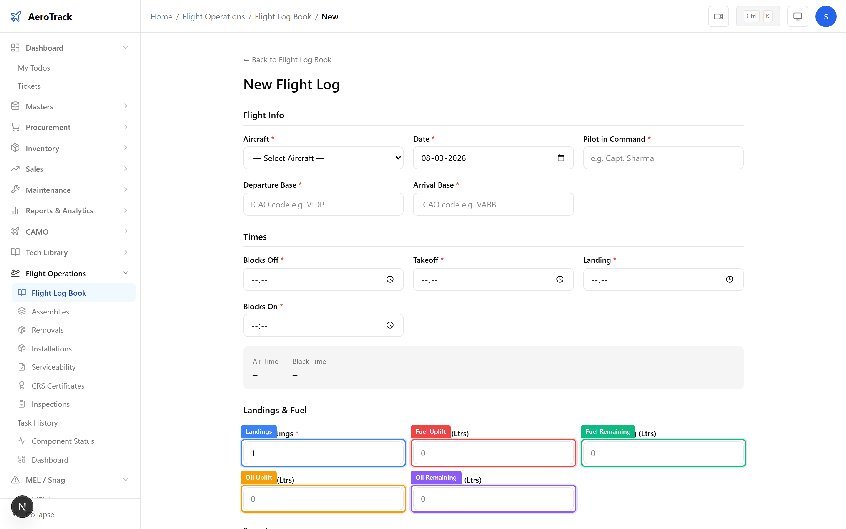 Flight log form showing the Landings and Fuel section with fuel uplift, fuel remaining, oil uplift, and oil remaining fields