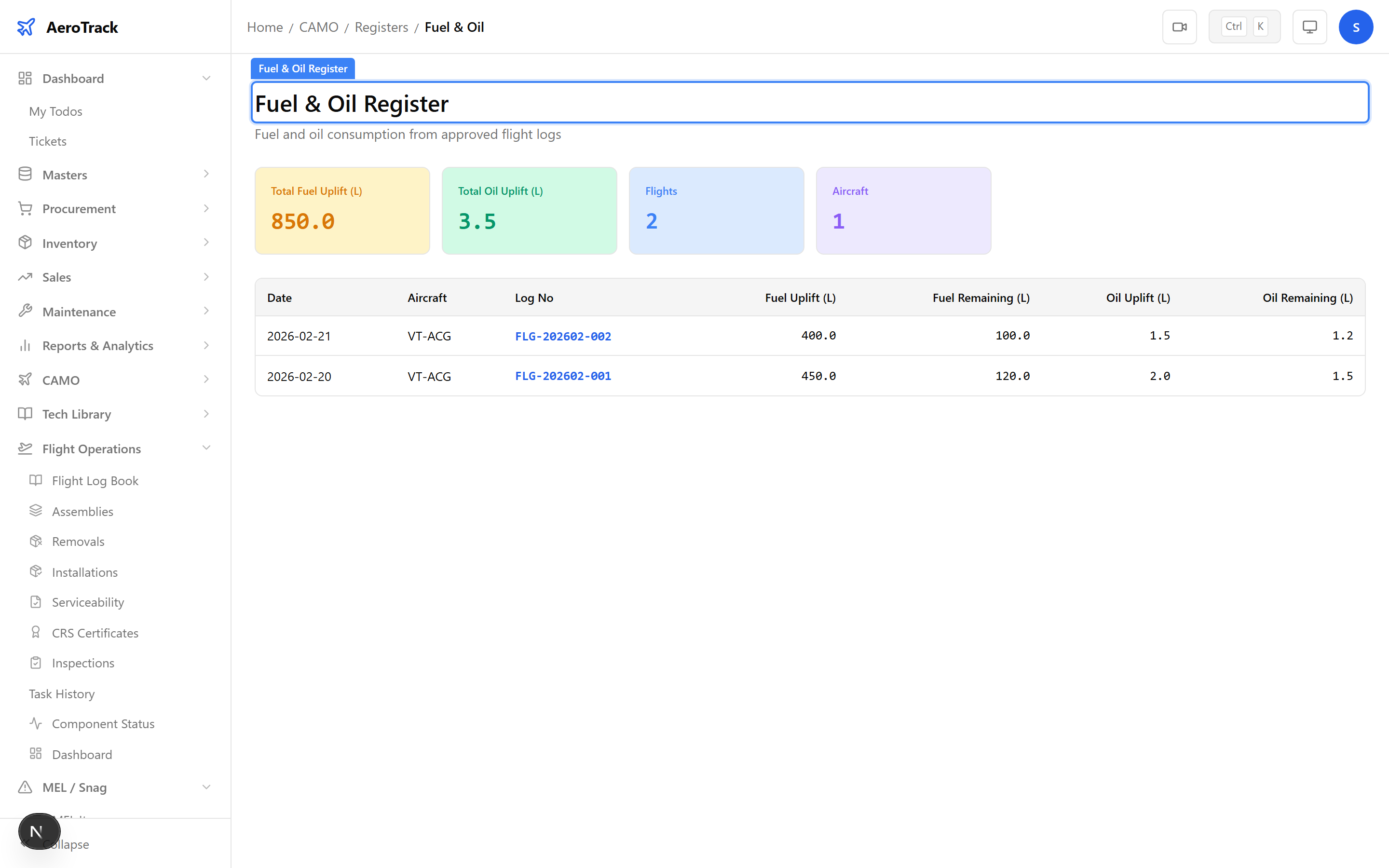 Fuel and Oil Register showing tabulated flight-by-flight fuel uplift, remaining, oil uplift, and remaining quantities with aircraft and date columns