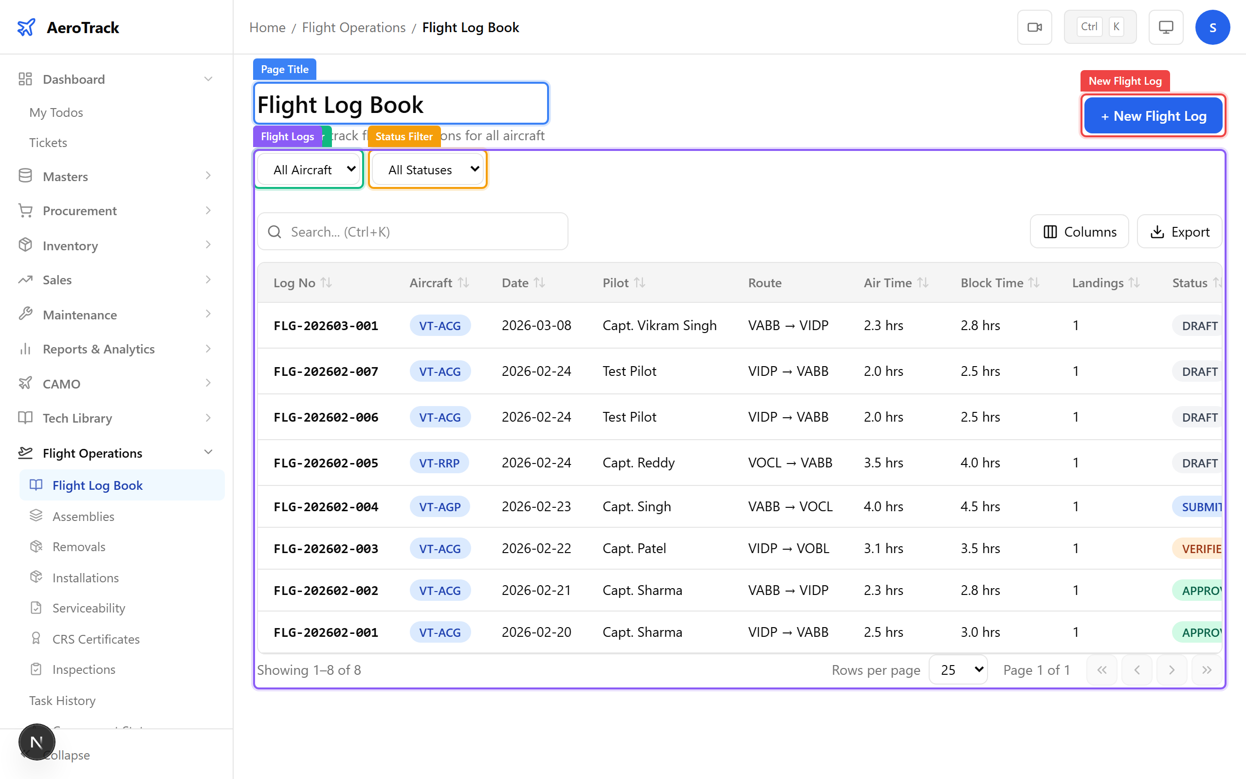 Flight log book list with aircraft and status filters