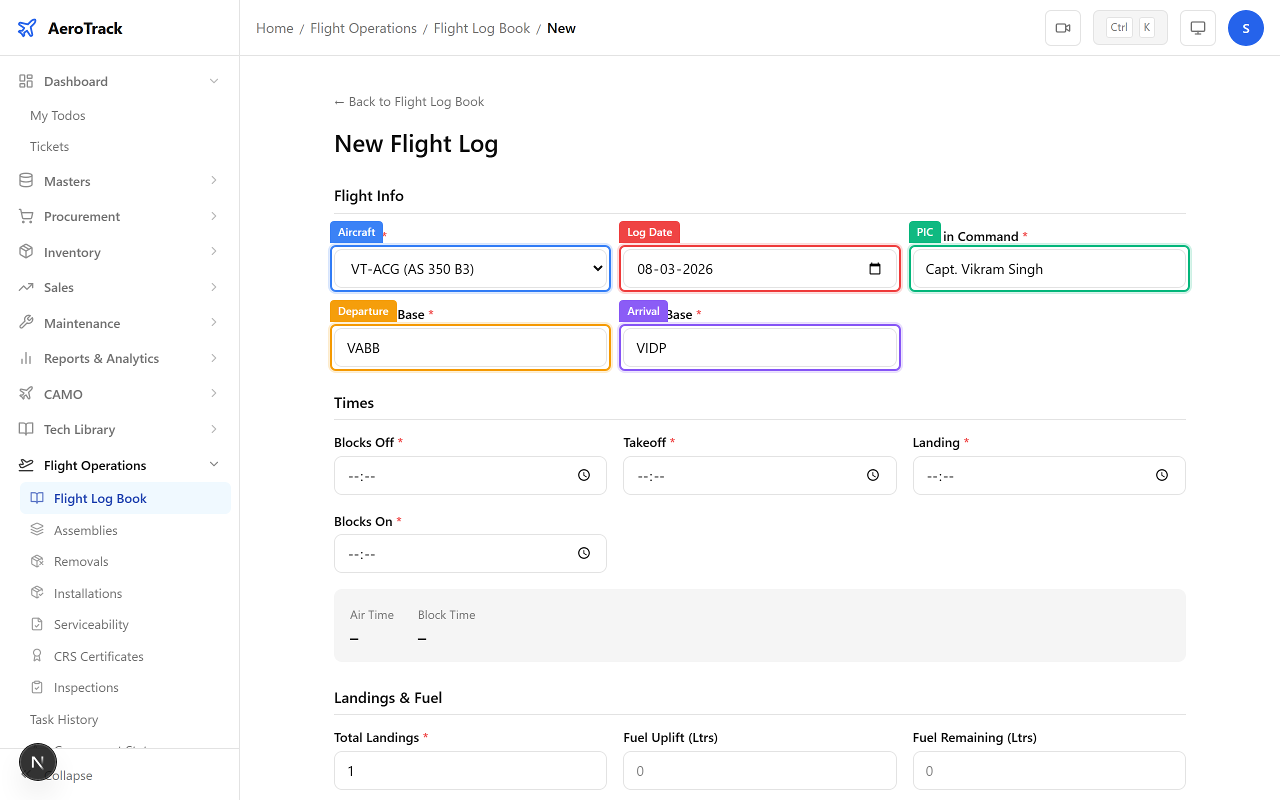Flight log form: aircraft, date, pilot, departure and arrival fields