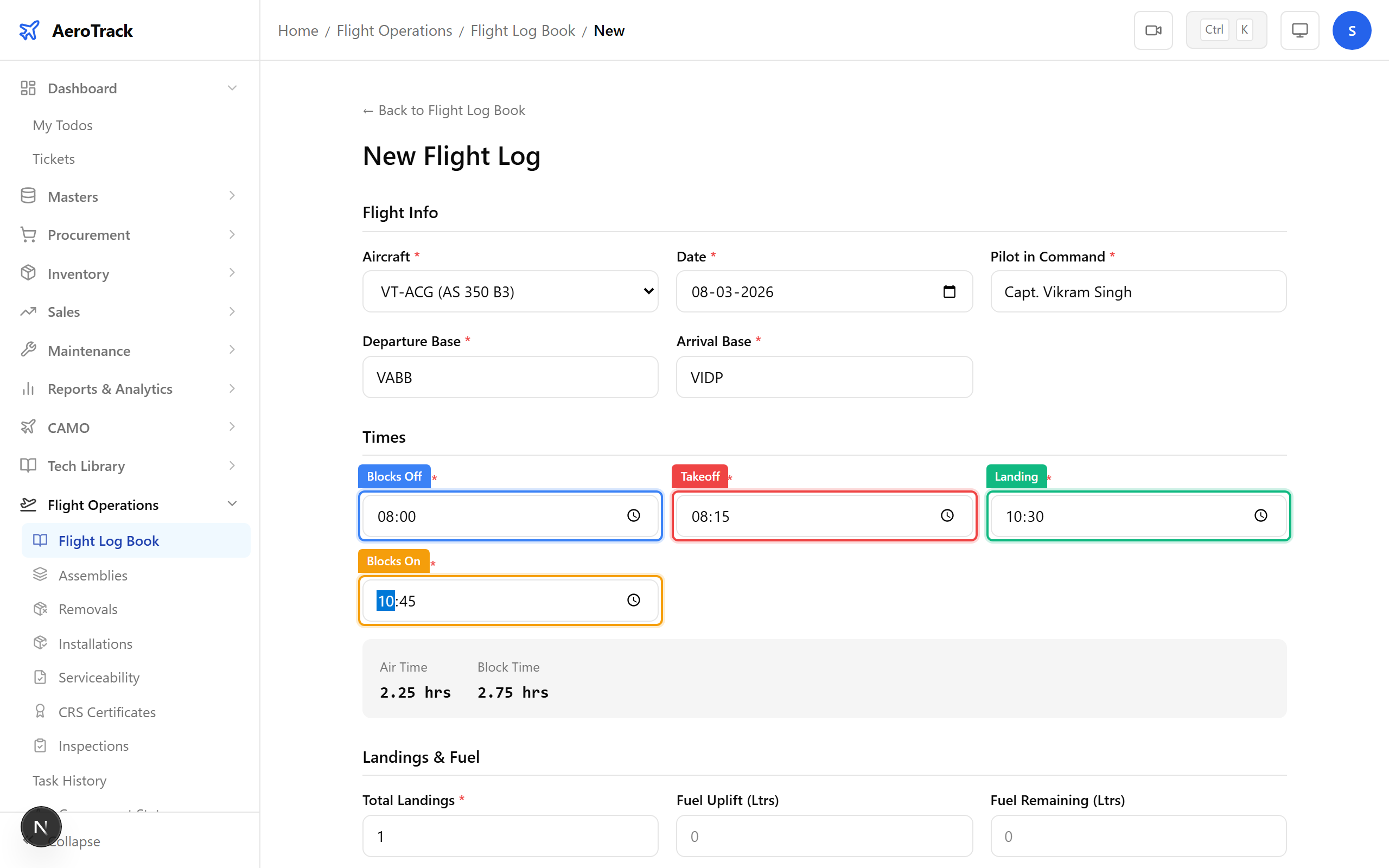 Times section with blocks off/on and takeoff/landing fields, calculated durations