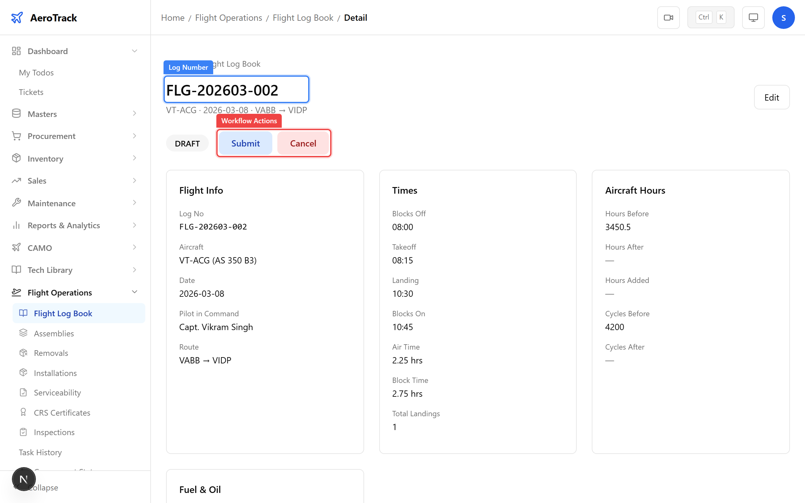 Flight log detail page with status badge and workflow action buttons