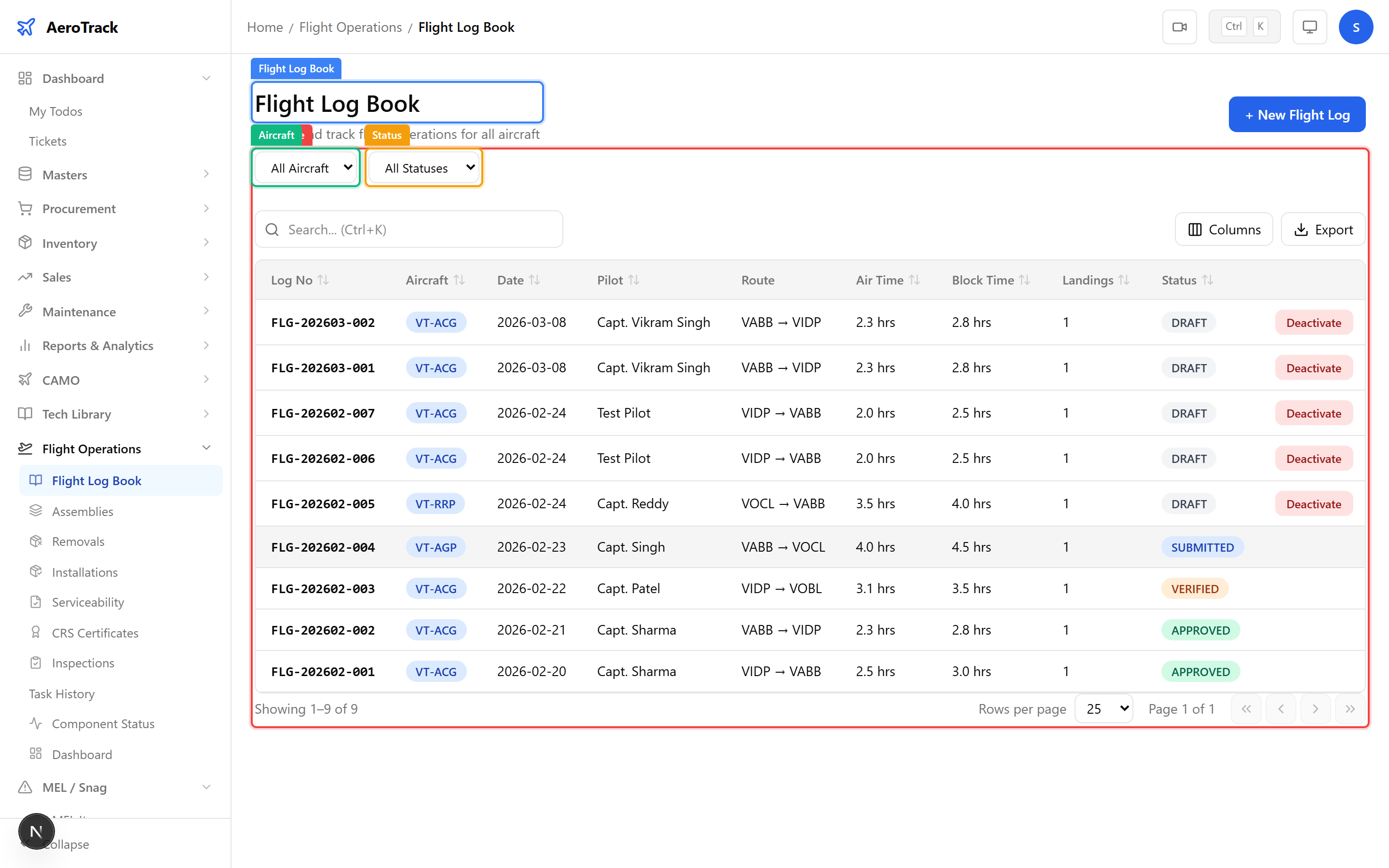 Flight log book table showing log numbers, aircraft badges, dates, pilots, routes, air time, block time, and status badges