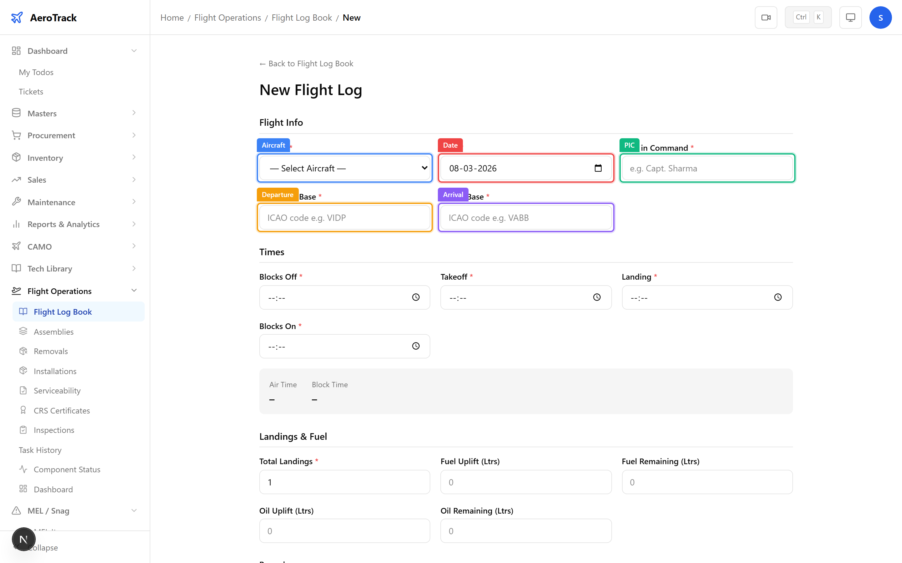 Flight log form showing aircraft selector, date picker, pilot in command field, and departure/arrival base inputs with ICAO codes