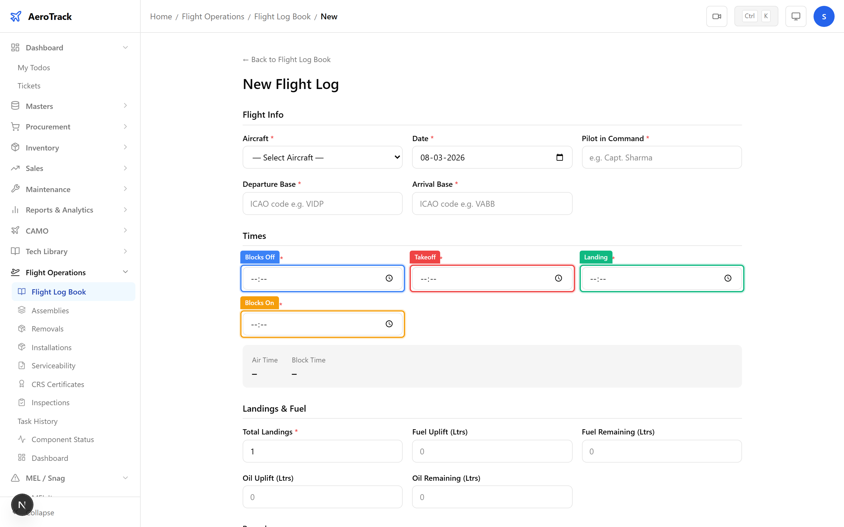 Flight log form times section showing blocks off, takeoff, landing, blocks on inputs with auto-calculated air time and block time displayed