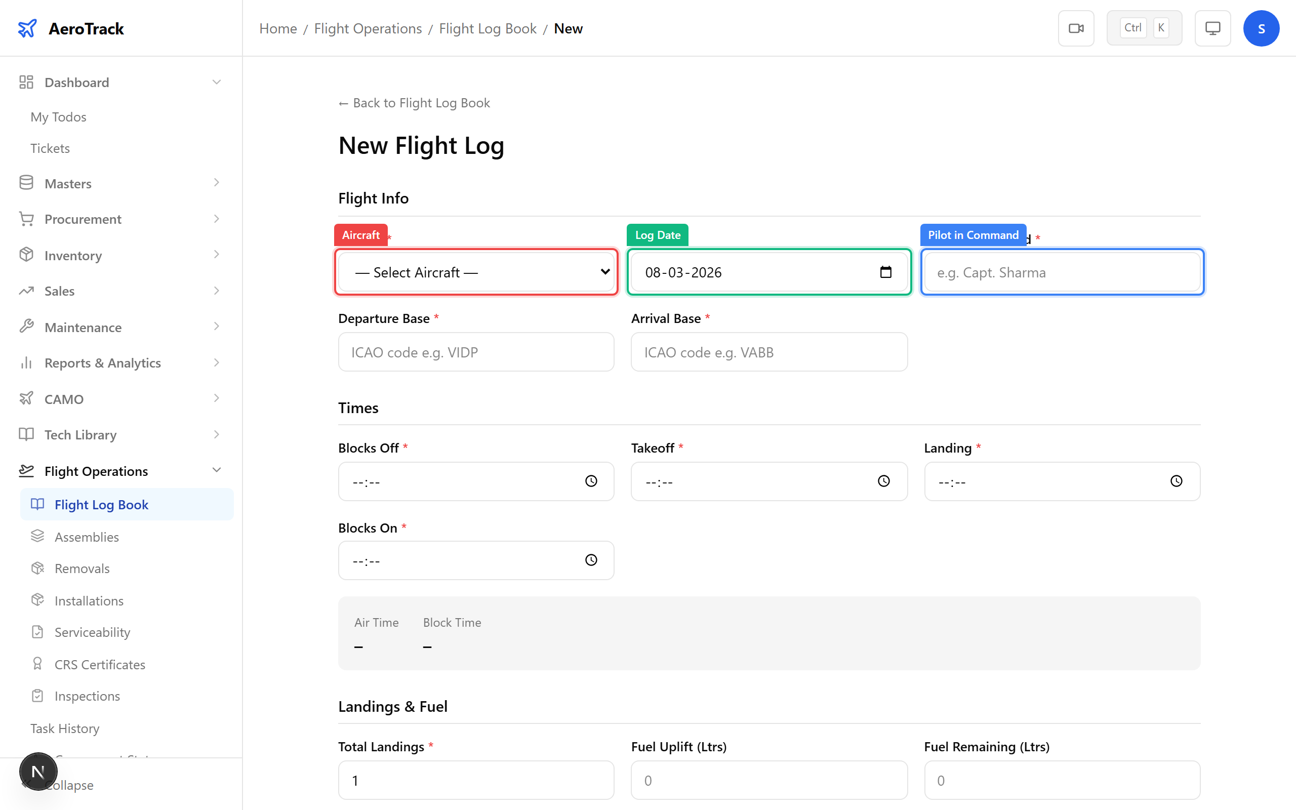 Flight log form highlighting the Pilot in Command field