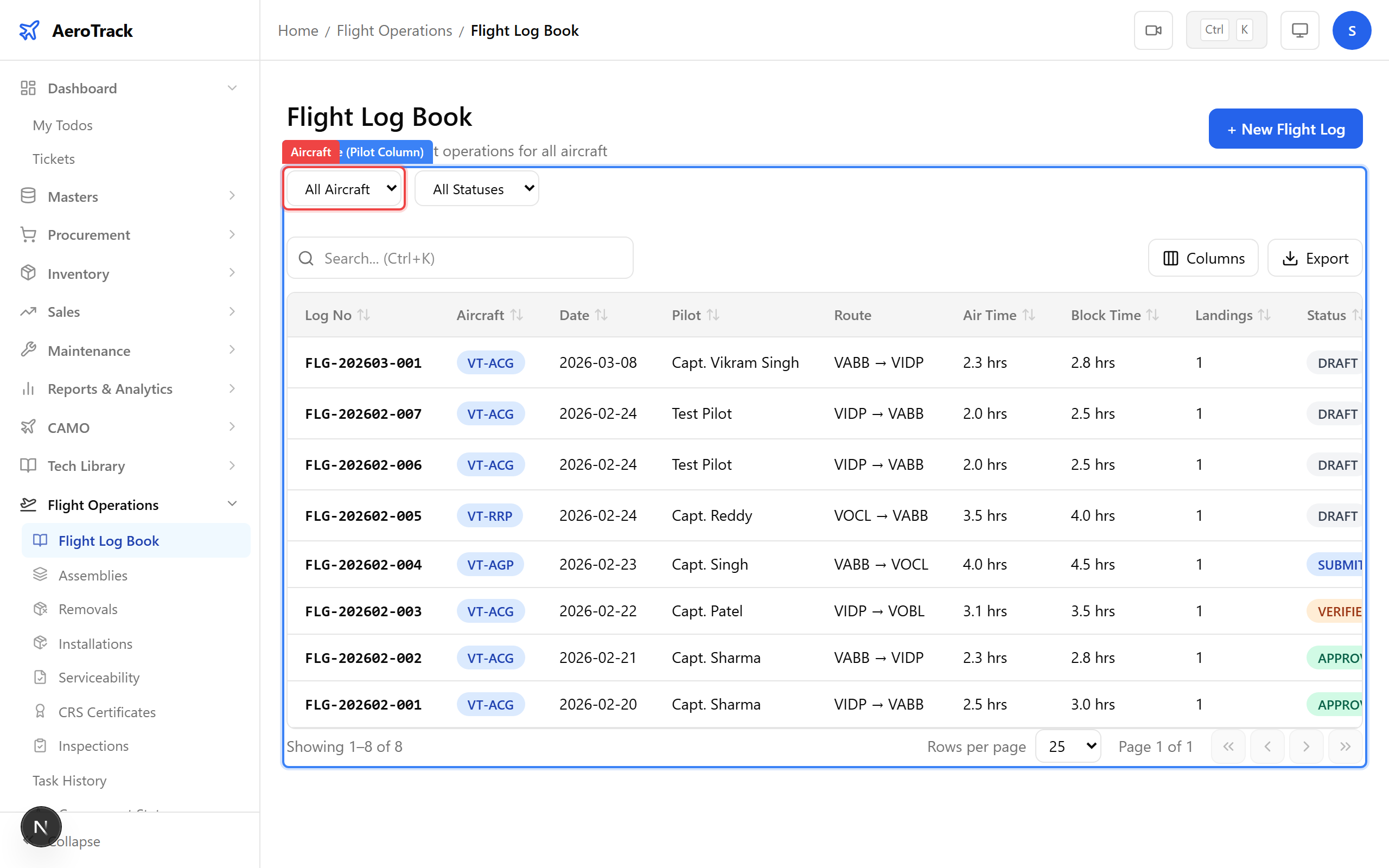 Flight log list highlighting the Pilot column and Air Time