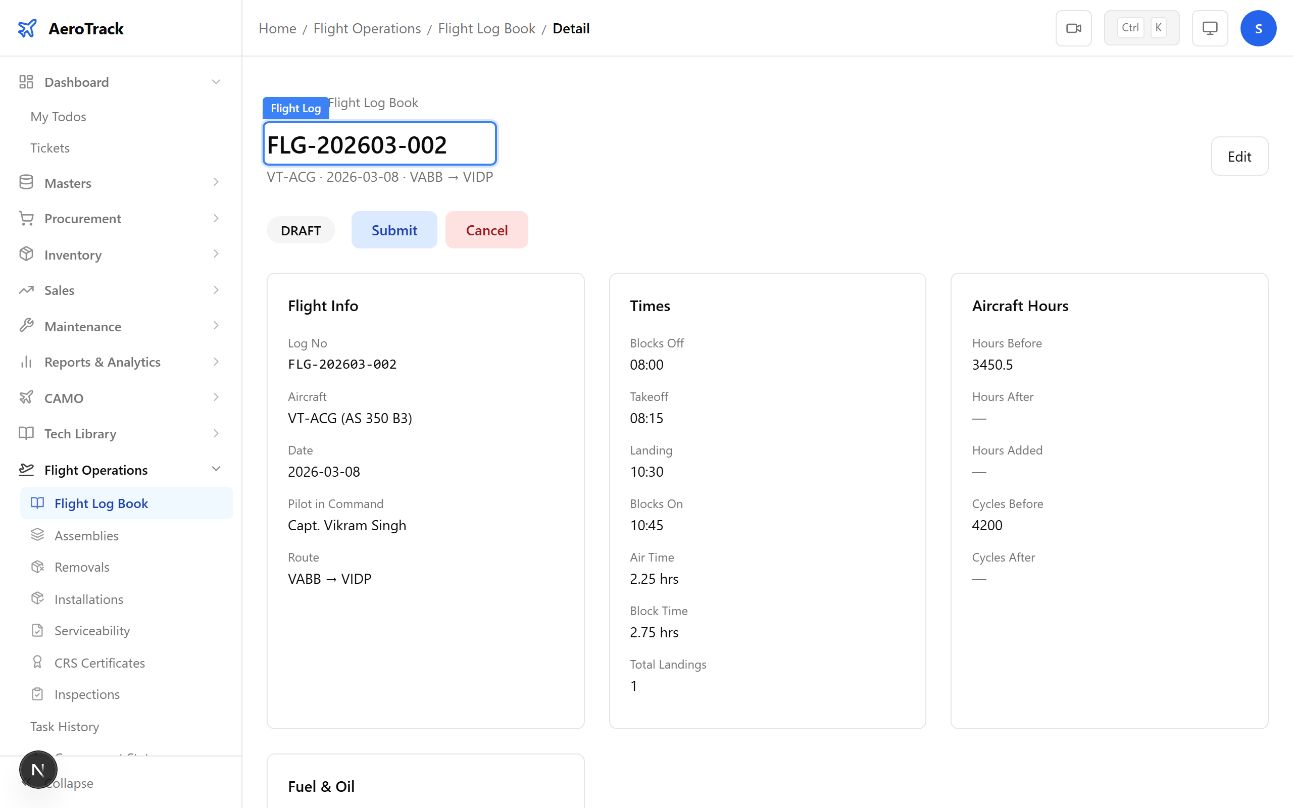 Flight log detail page showing pilot name, air time, and route