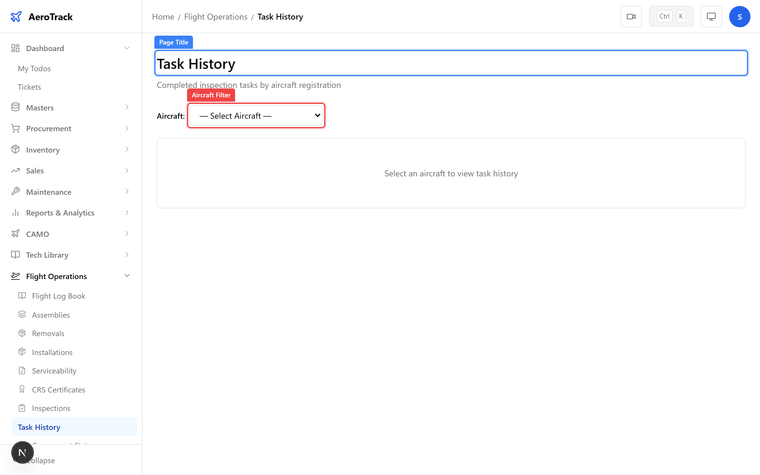 Task History page with aircraft filter dropdown