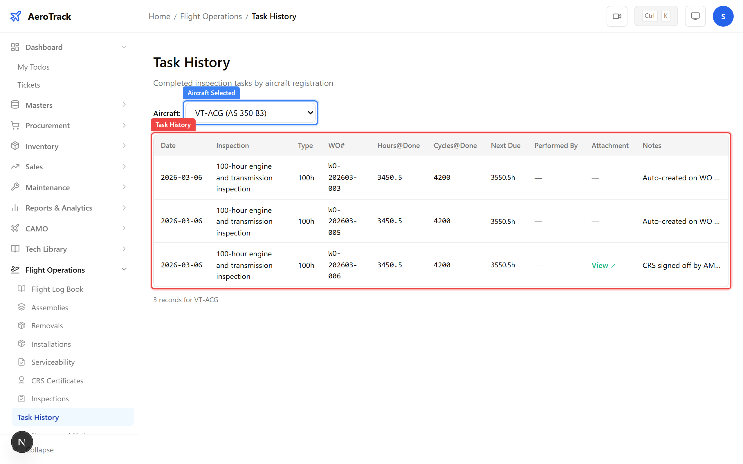 Task history entries for selected aircraft showing completion data